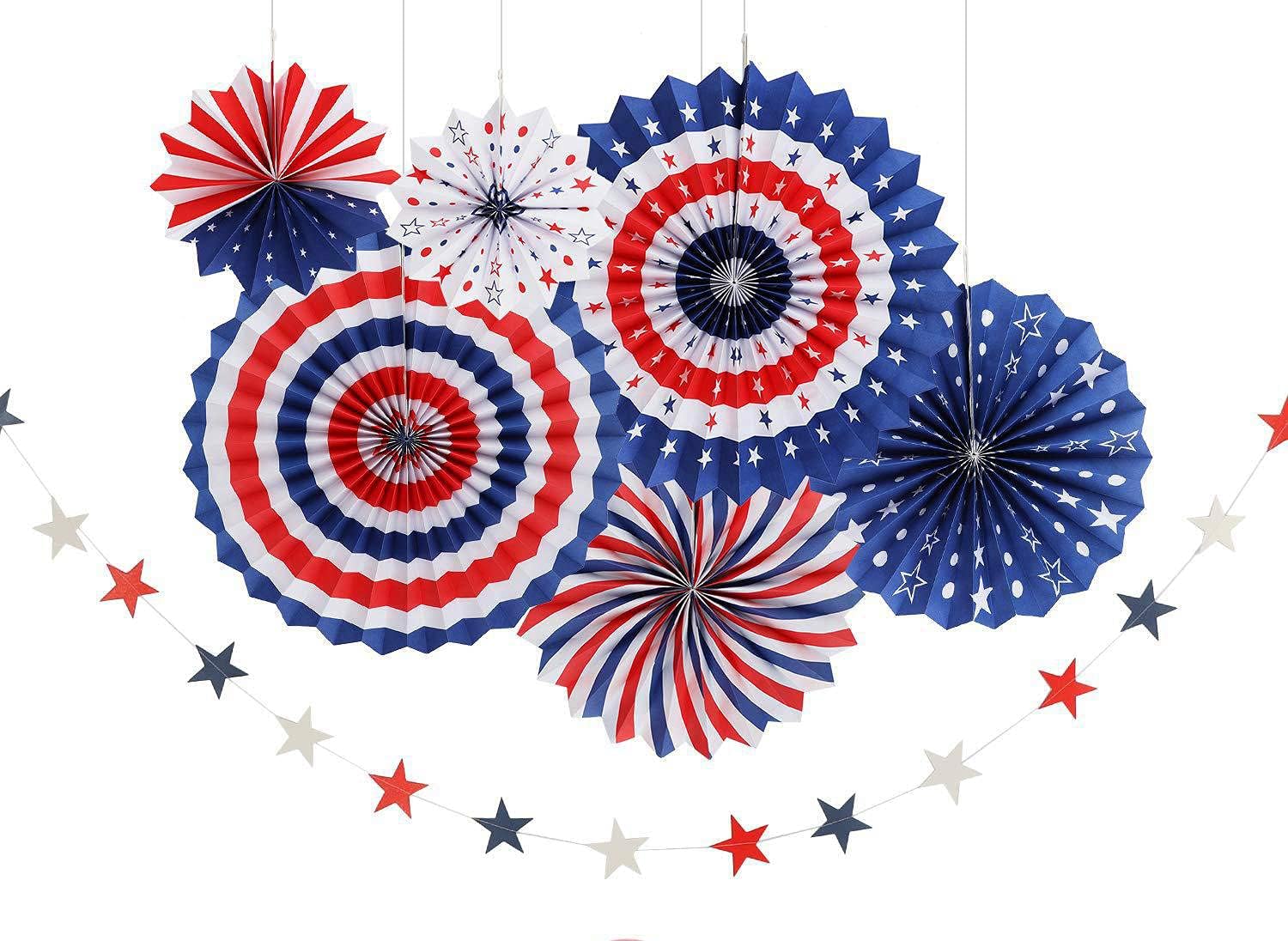 4th/Fourth of July Patriotic Party Decorations Set- Red White/Silver Blue Star Streamers and 6Pcs Red White Blue Hanging Paper Fans for American Independence Day Party Decor Supplies