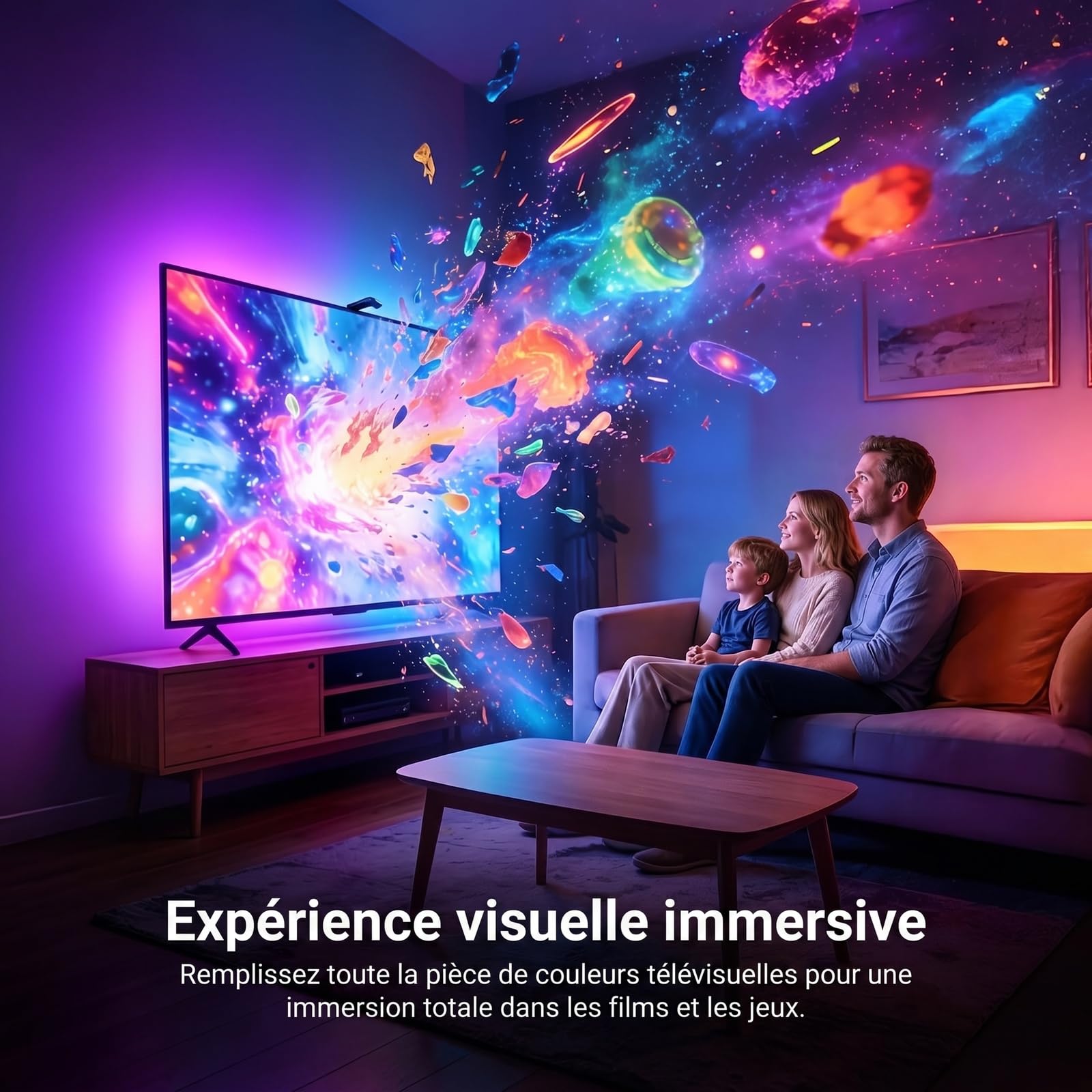 NEEWER Basics Rétroéclairage TV pour Écrans 75"-85",Bande LED RGB 5m avec Capteur de Luminosité,Allumage/Extinction Programmable,24 Effets Sonores,Compatible avec Une Application de Contrôle,NS03