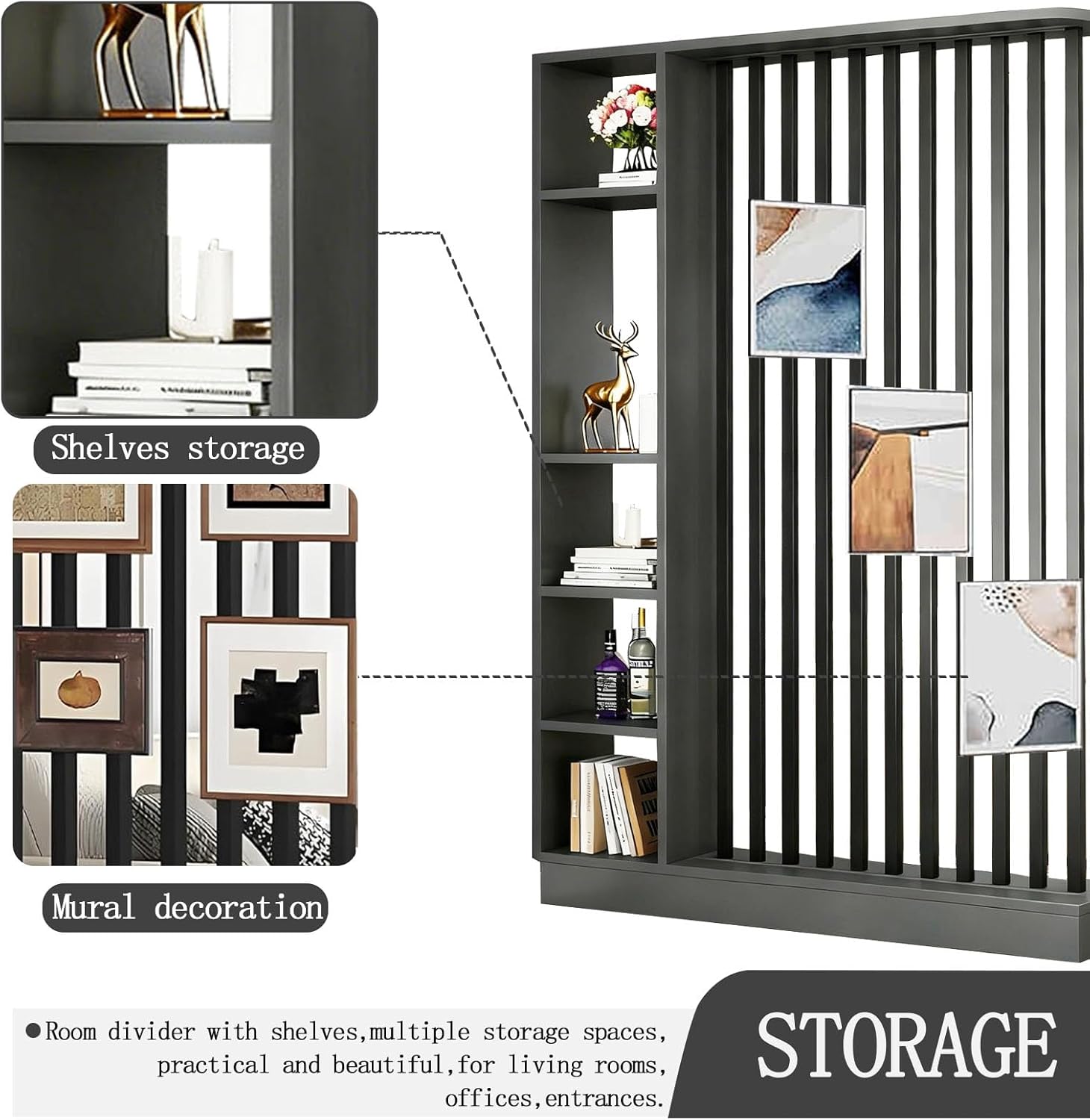 Entrance Hall Partition Screen Column Floor to Ceiling Wall Room Divider with Storage Shelf Entrance Halls Cabinet Privacy Partition Wall Room Divider (Dark Walnut+Black, L39 xW9 xH79)