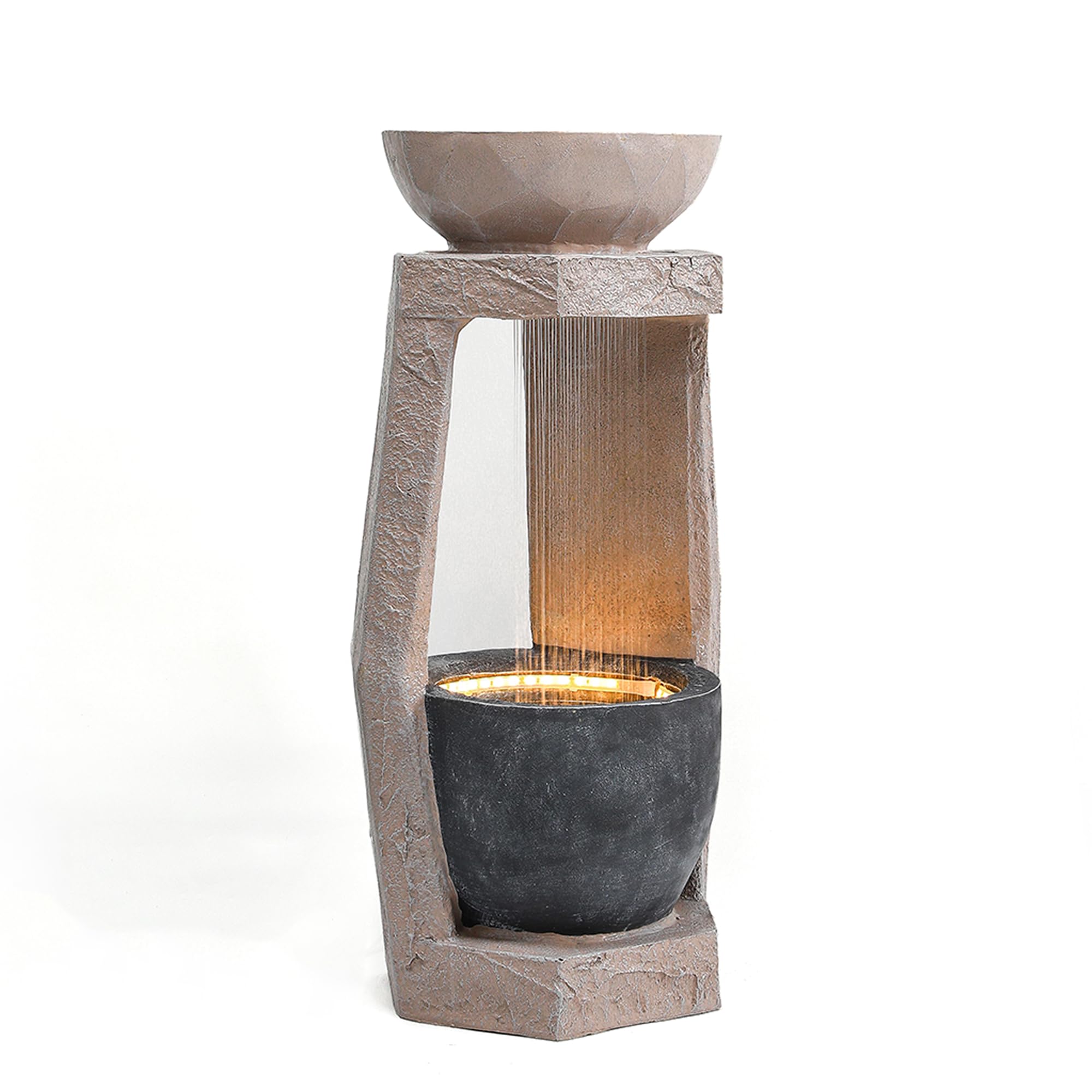 Gartenbrunnen, Brunnen Garten, Gartenbrunnen für Außen, Zimmerbrunnen mit LED-Beleuchtung, Wasserpumpe, Kunststein-Außenverkleidung & Zierbecken, für Garten, Terrasse (Beige)