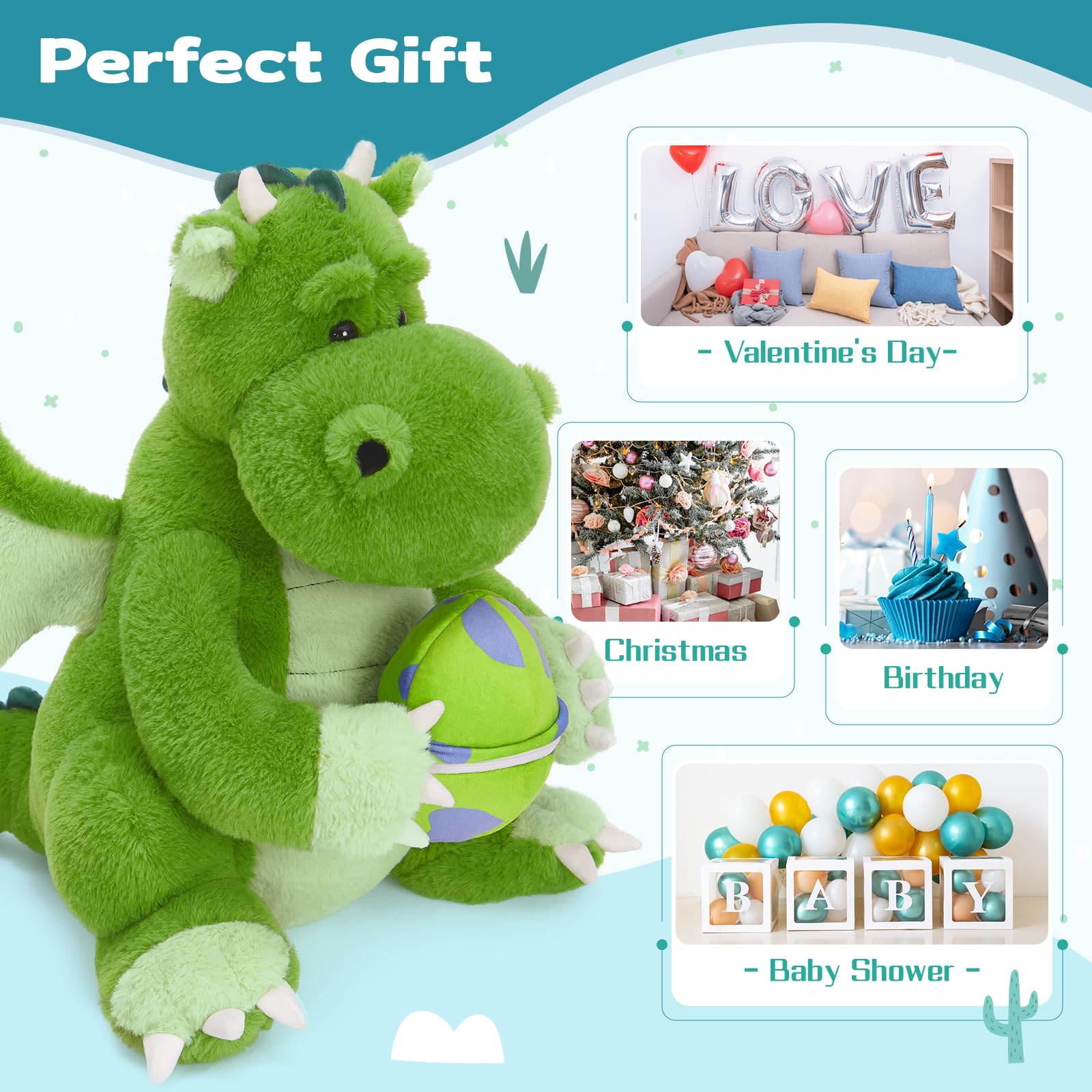 KERTA 3-in-1 Large Dragon Stuffed Animal, 20 Inch Big Stuffed Dragon Plush with Baby and Egg Toy for Girls Boys, Cuddle Hugging Dino Plush Gift for Birthday Christmas 6