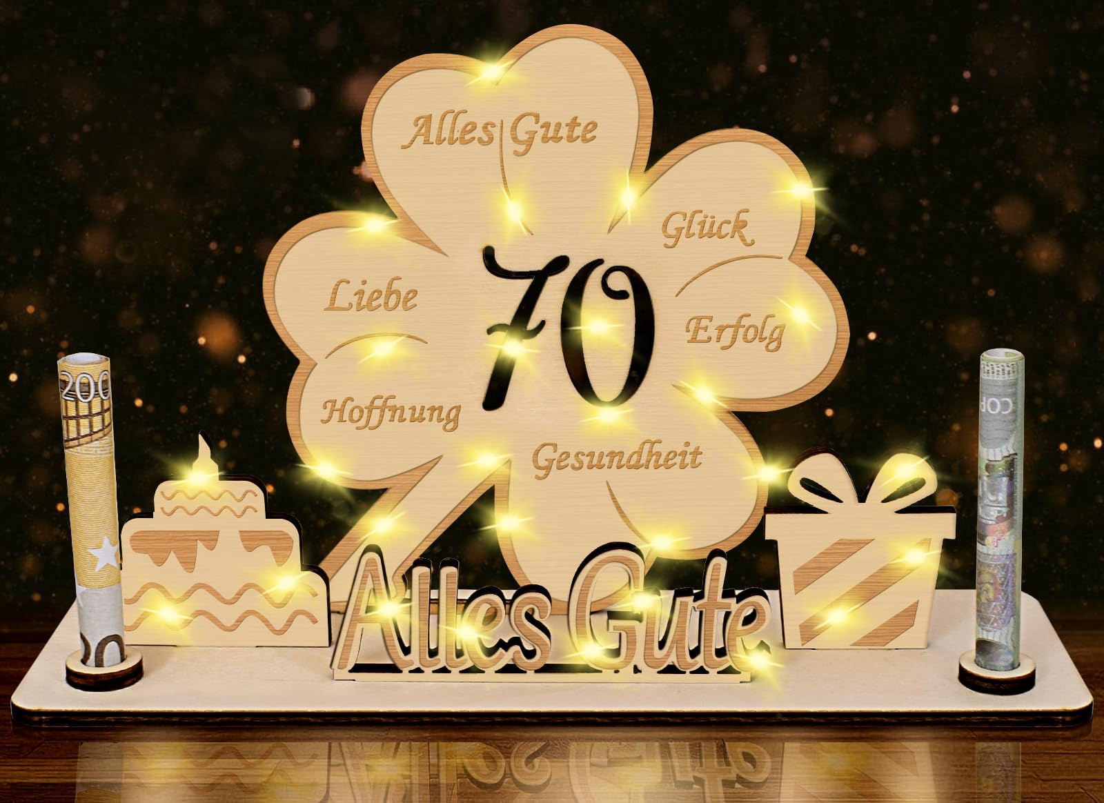 70 Geldgeschenke Geburtstag für Frau Mann,LED Kleeblatt Glück 70. Geburtstag Geschenke Frau Mann,70 Geburtstag Geldgeschenke Verpackung für Männer Frauen,Holz Gästebuch Personalisierbares Tischdeko