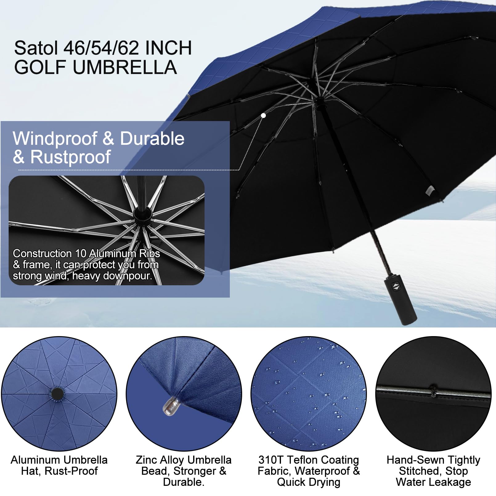 Satol Ombrello da golf grande antivento da 157 cm, 10 costole, grande ombrello pieghevole con apertura e chiusura automatica, per viaggi, protezione UV, sole e pioggia, ombrello portatile compatto per