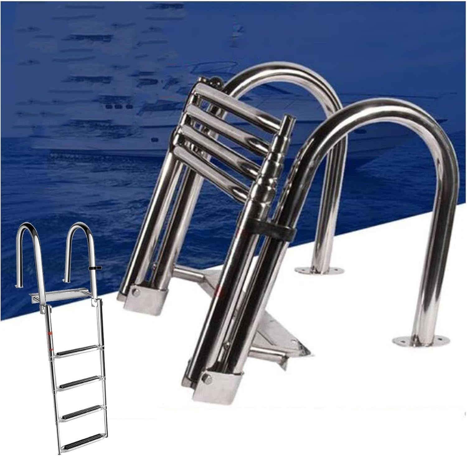 4-Steps Portable Boat Ladder, Stainless Steel Folding Telescoping Inboard Ladder Heavy Duty Custom Swim Deck Ladders with Hand Railing Dock Ladder Pool Platform