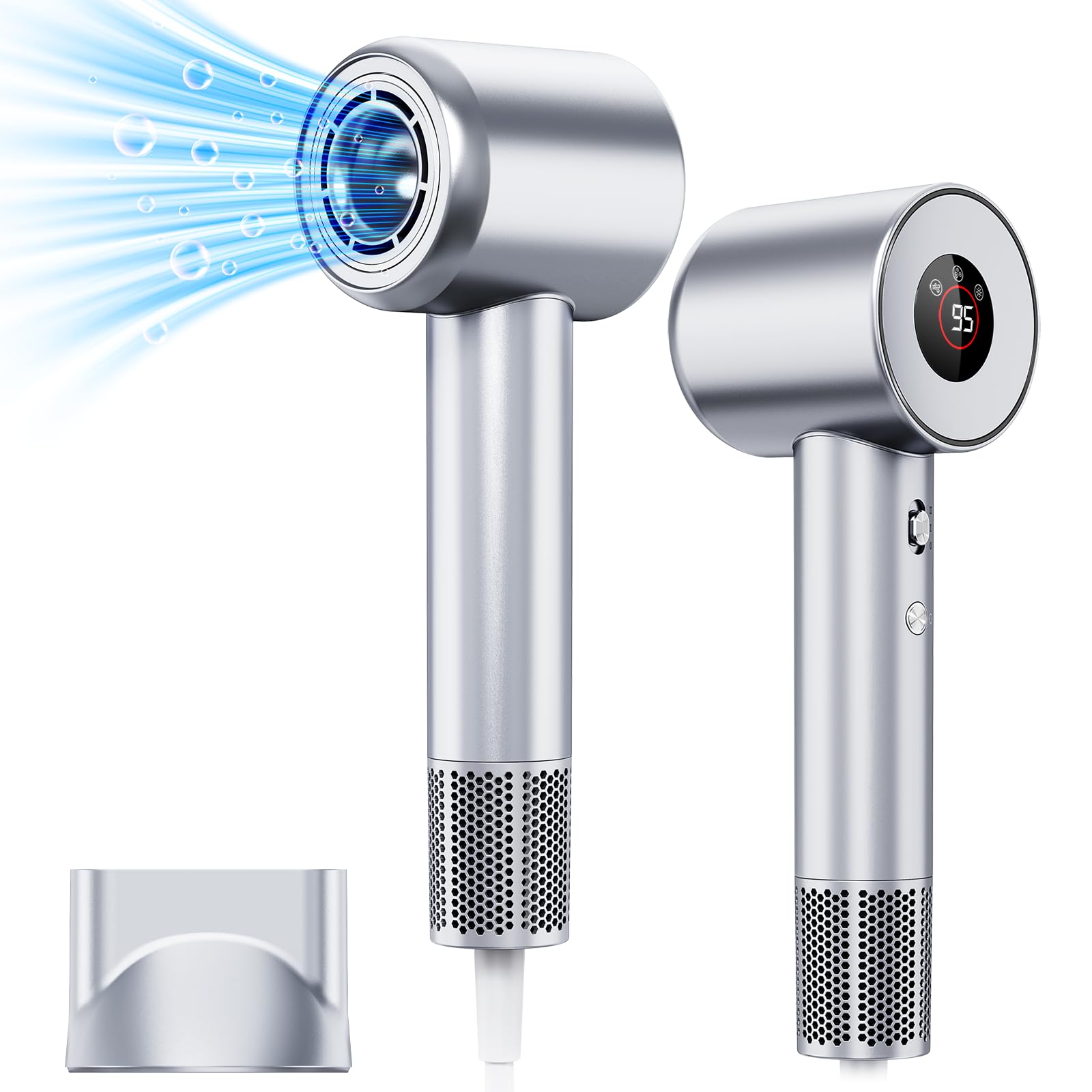 Föhn Ionen Haartrockner, YAIAWISU Ionen Föhn, 140.000 U/min bürstenloser Motor für schnelles Trocknen - LED-Display, 500 Millionen Negativ Ionen Haartrockner für Zuhause, Reisen und Salon (Silber)