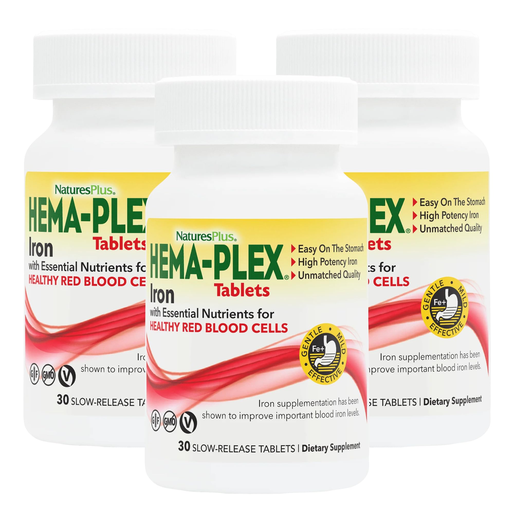 Nature's Plus Hema-Plex Iron - 30 Sustained Release Tablets, Pack of 3-85 mg Elemental Iron - Total Blood Health - with Vitamin C & Bioflavonoids - Vegan, Gluten Free - 90 Total Servings