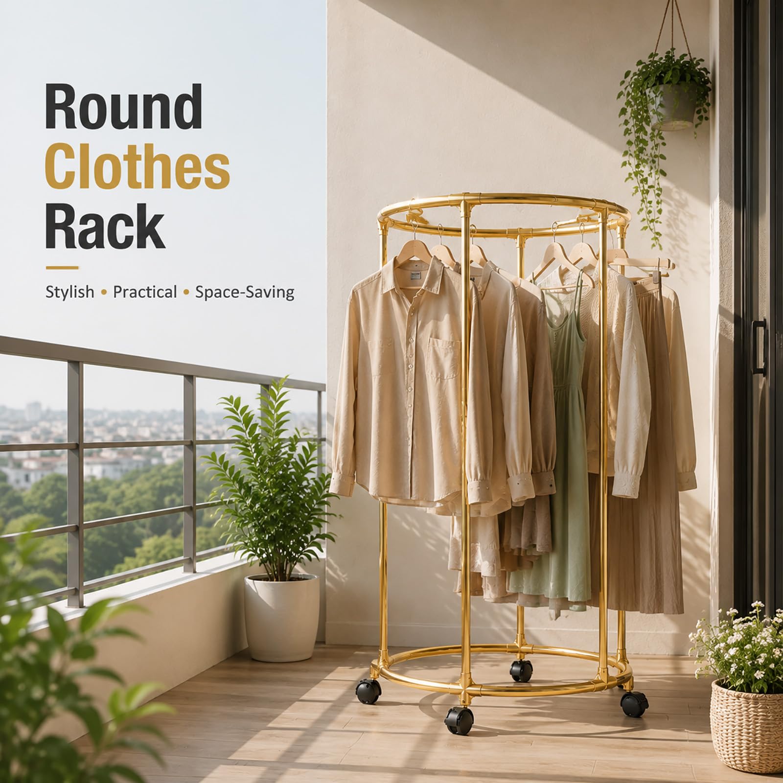 Perchero Redondo Giratorio 360° con Ruedas, Burro para Ropa Metálico de Gran Capacidad, para Dormitorio, Vestidor, Lavandería y Tienda de Ropa black
