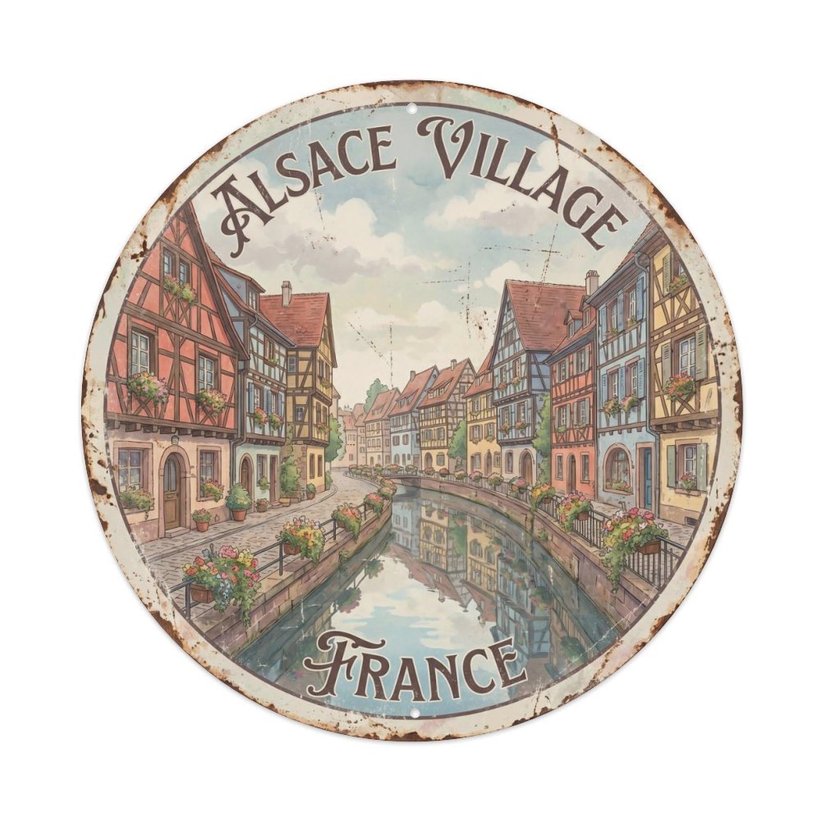 Vintage Travel Alsace Village France Metal Tin Sign