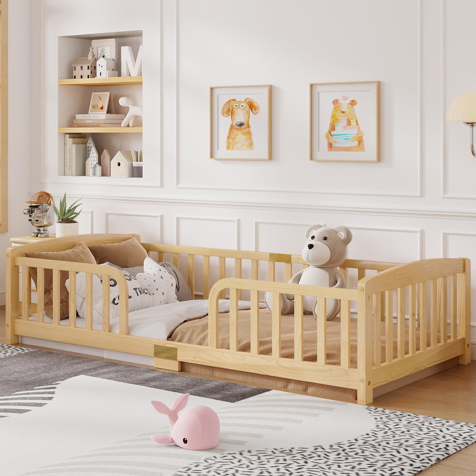 DHHU Lit au Sol 90x200 cm avec barrières de sécurité – Entrée Centrale – Cadre Bas en pin Massif – Lit Enfant pour Transition du Berceau – Montage Facile