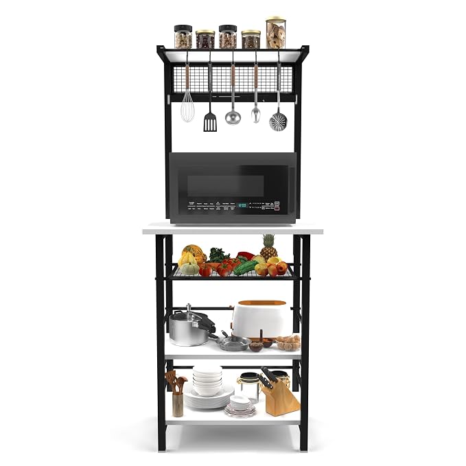 Honey Touch Spacio 5-Tier Multipurpose Storage Rack Metal & Wood Shelf for Kitchen, Living Room, Bedroom Space-Saving Organizer with Hooks (Frosty White)
