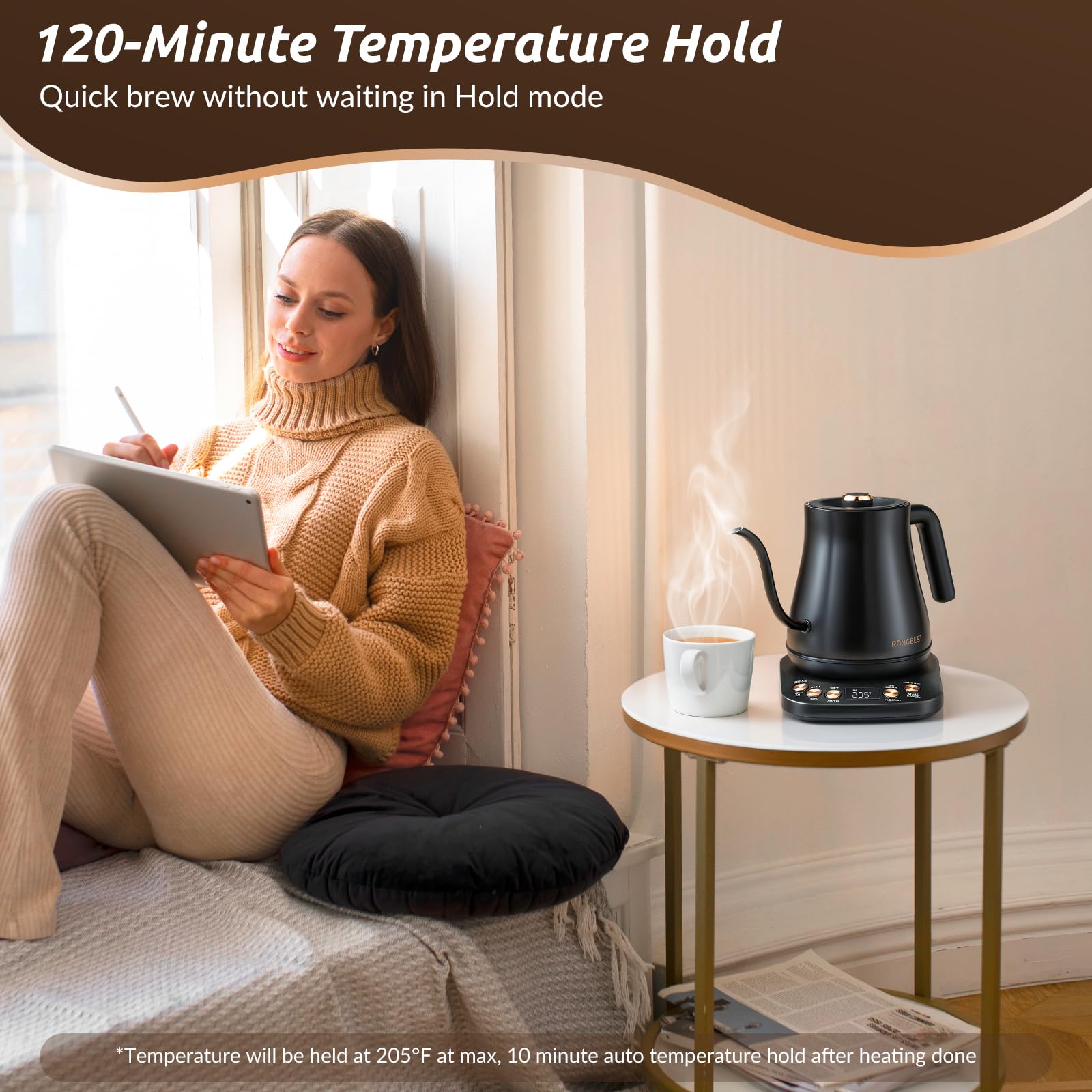 Hervidor eléctrico de cuello de cisne, 1200 W, 6 ajustes de temperatura, tapa interior e inferior de acero inoxidable, 1 litro de calentamiento rápido para café y té, negro mate 4