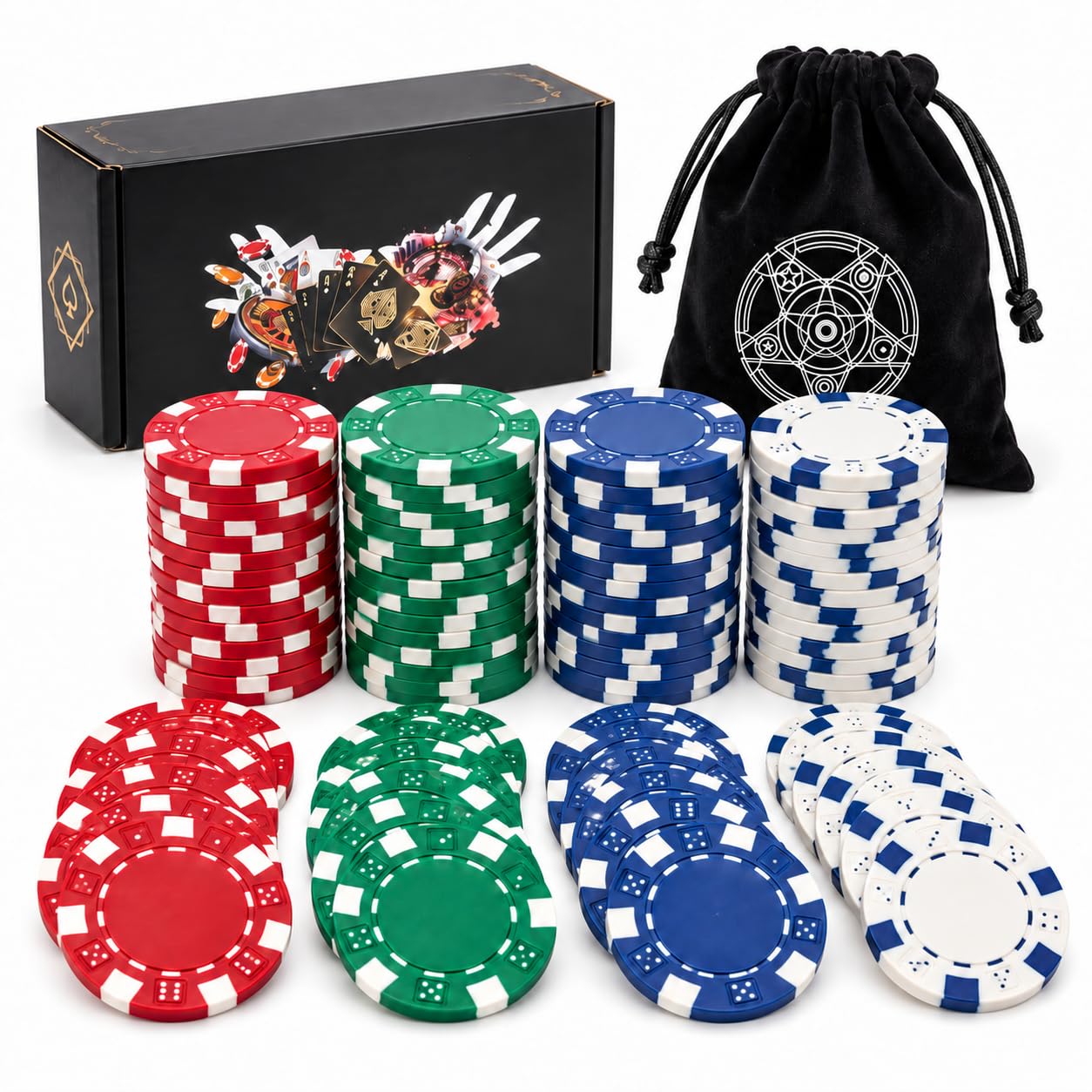 200 Piece Composite Clay Poker Chips with Black Velvet Pouch Bag