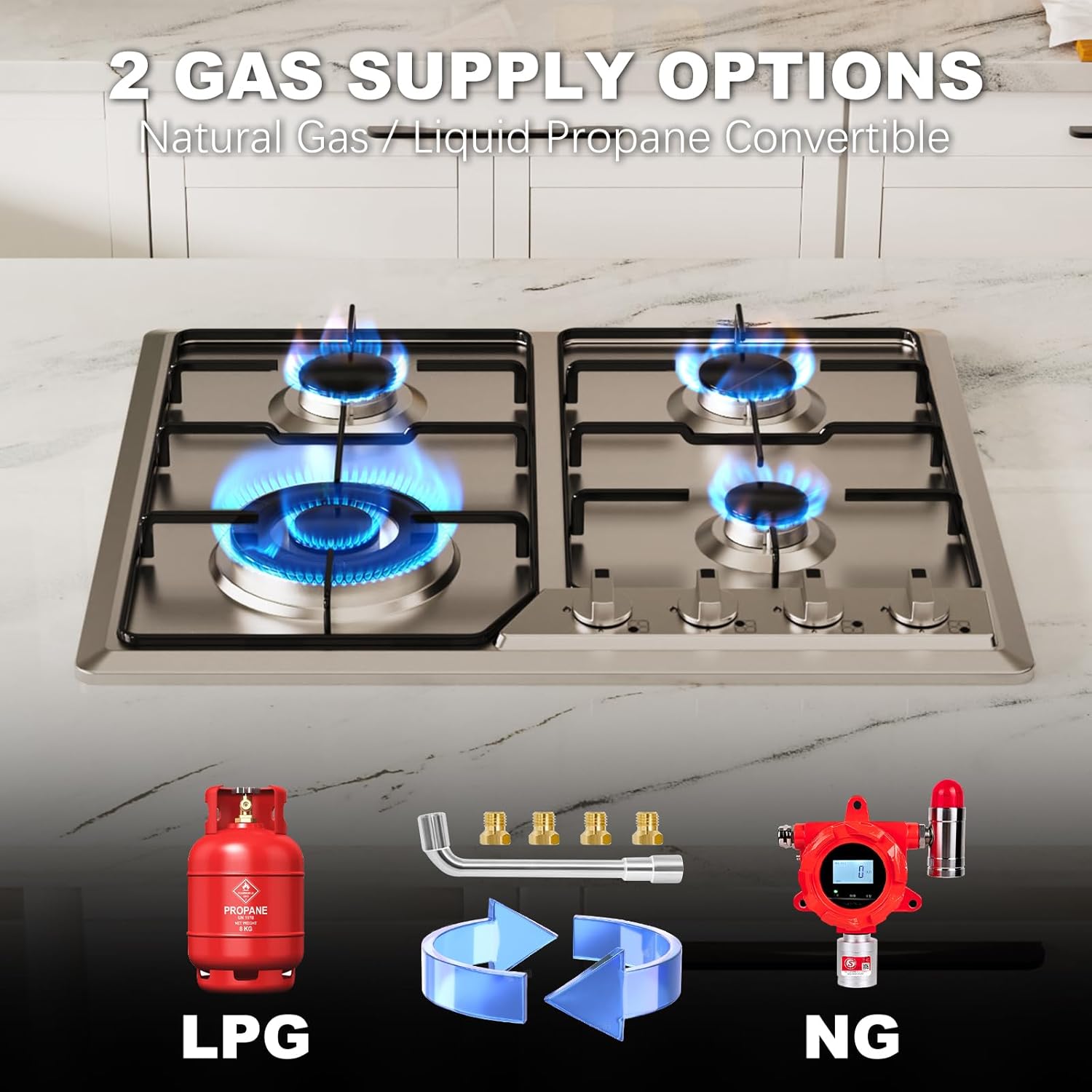 Gas Cooktops 23x20 Inch, Built-in Stainless Steel 4 Burner Gas Stove, NG/LPG Dual Fuel Propane Gas Cooktop with Thermocouple Protection for Apartment, Kitchen, Indoor,110V,Plug in