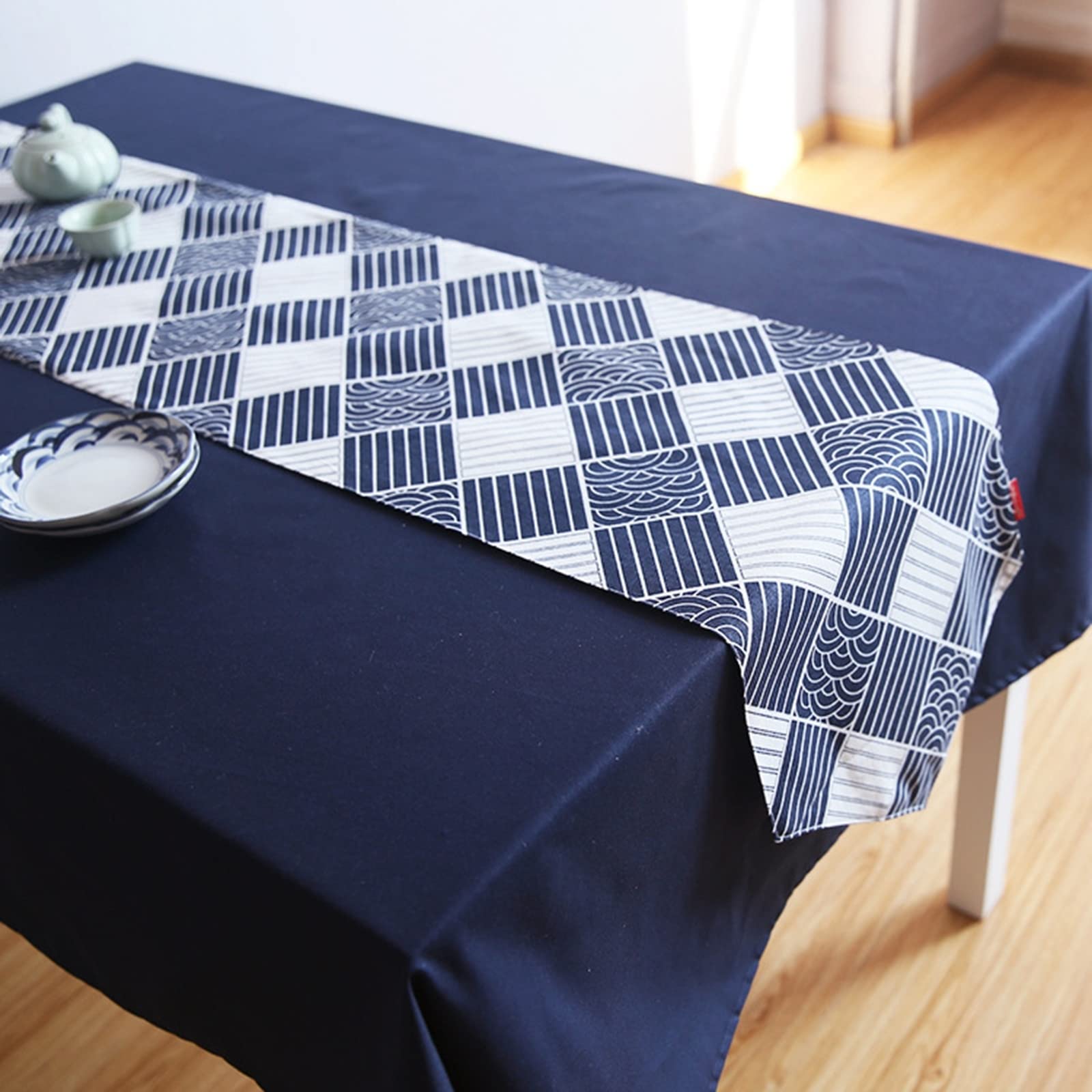 WXKAGF Runner da tavola Runner da tavola a griglia Lavabile Blu Bianco Un eyecatcher in Primavera Estate Runner da tavola in Cotone e Lino 30 x 180 cm