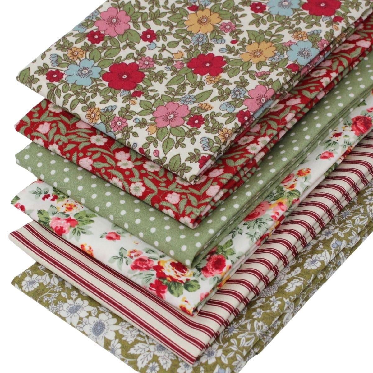 Overdale Fabrics Red, Green 6 Fat Quarters Bundle- 'Pink, Red And Green, Vintage Style' 100% Cotton Fabric. Ideal For Quilting And Craft Sewing (Includes Free Patchwork Pattern)