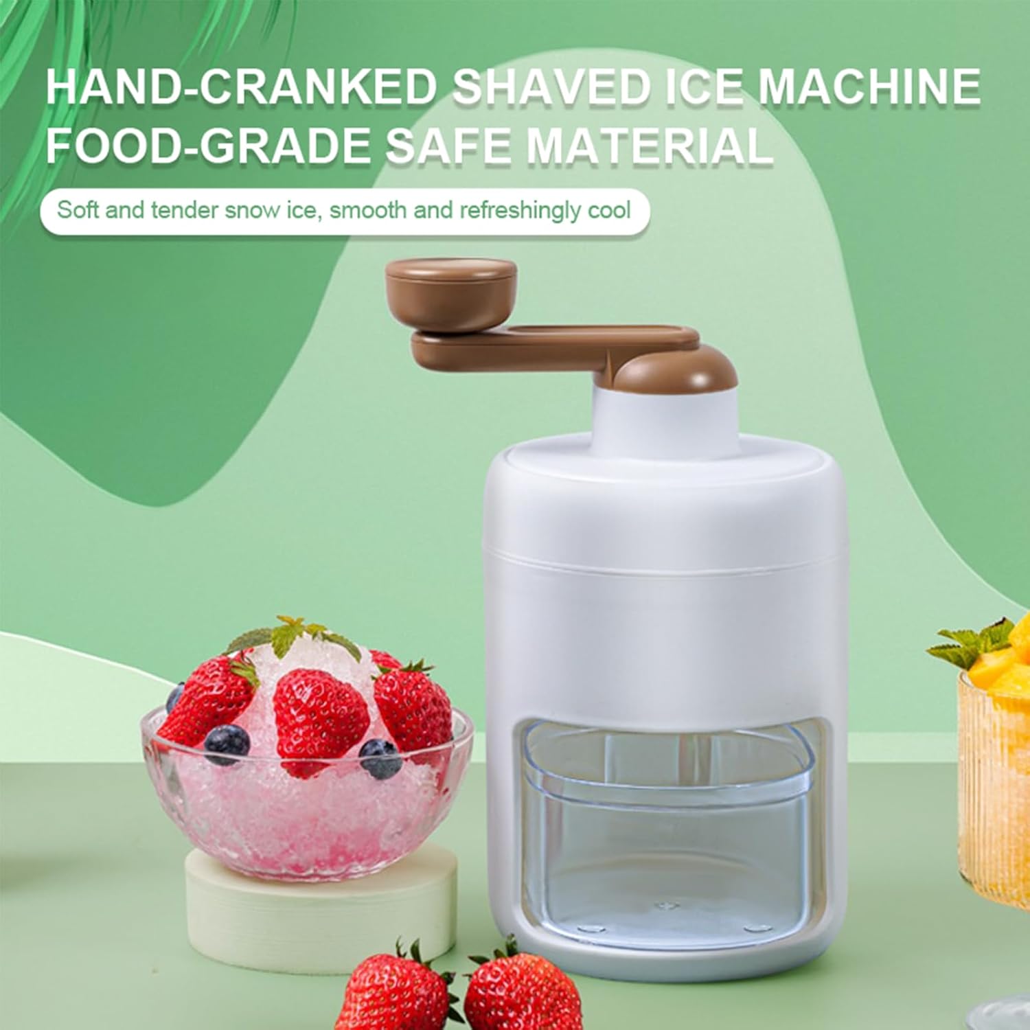 Portable Ice Shaver, Hand Crank Snow Cone Machine, Household Small Ice Maker Crusher, Manual Shaved Ice Machine with 1 Reusable Plastic Ice Mold Cups for Making Snowcones Ice Cream (White)