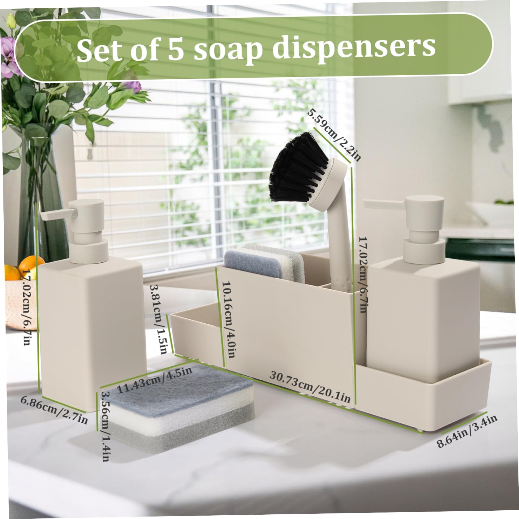 Dispensateur de Savon Kitchen Set 5pcs / Set Plastic Dish Savon Dispensateur avec Support d'éponge, éponge et Pinceau Accessoires de Cuisine Beige drainant