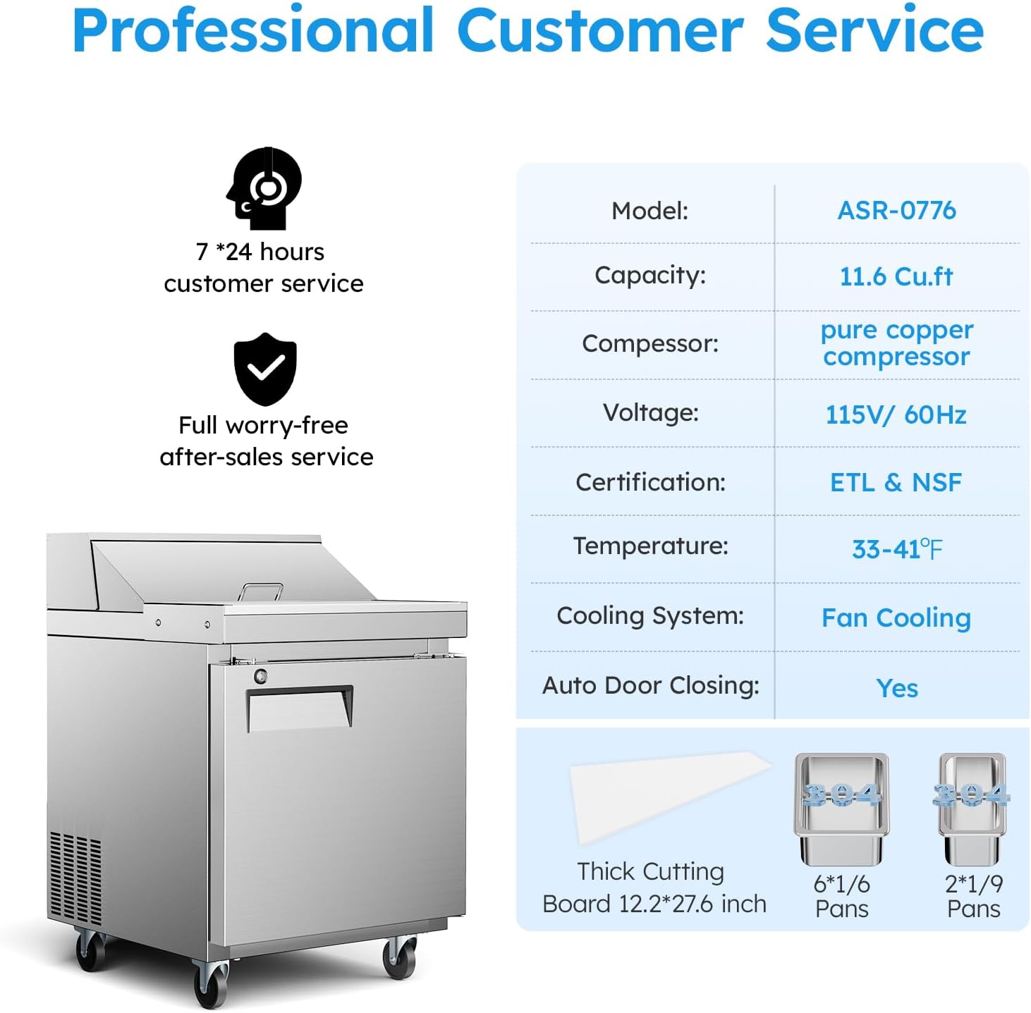 ETL & NSF Certified 27" W 1 Door 11.6 Cu.Ft Commercial Sandwich Salad Pizza Prep Table Refrigerator,Stainless Steel Food Prep Station Fridge,Condiment Cooler with Cutting Board, 1 Shelves 8 Pans