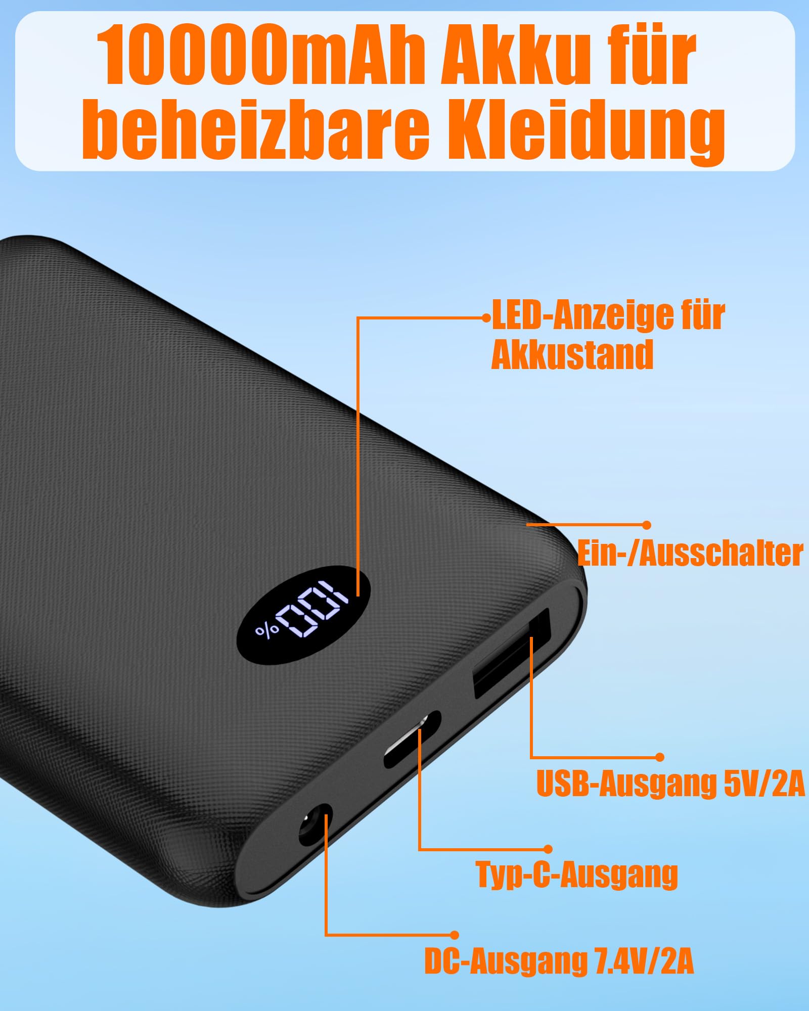 Batterie externe 7,4 V 10 000 mAh pour vêtements chauffants rechargeable 5 V 3 A