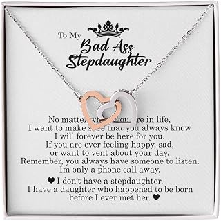 To My Badass Stepdaughter, Interlocking Hearts Necklace, Stepdaughter Birthday & Idea, Unique Jewelry Card with Gift Box
