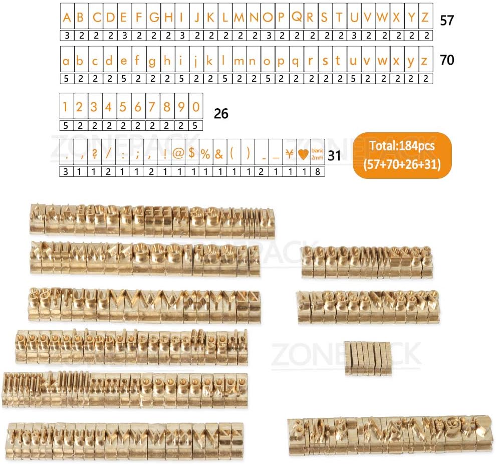 ZONEPACK Copper Brass Stamping Flexible Letters Numbers Alphabets Symbols Characters Molds CNC Engraving Molds for Hot Foil Stamping Machine (184 PCS F Font)