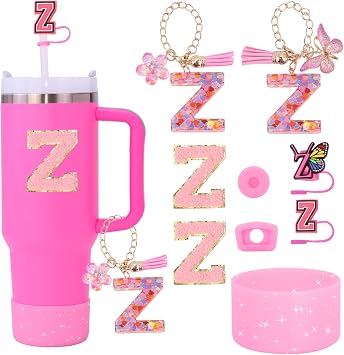 Pink Stanley Cup 9PCS Cup Accessories Set Compatible with 30oz & 40oz Cups,Includes Straw Cover,Boot,Spill-Proof Stopper,2PCS Handle Charm & StickersPink Z