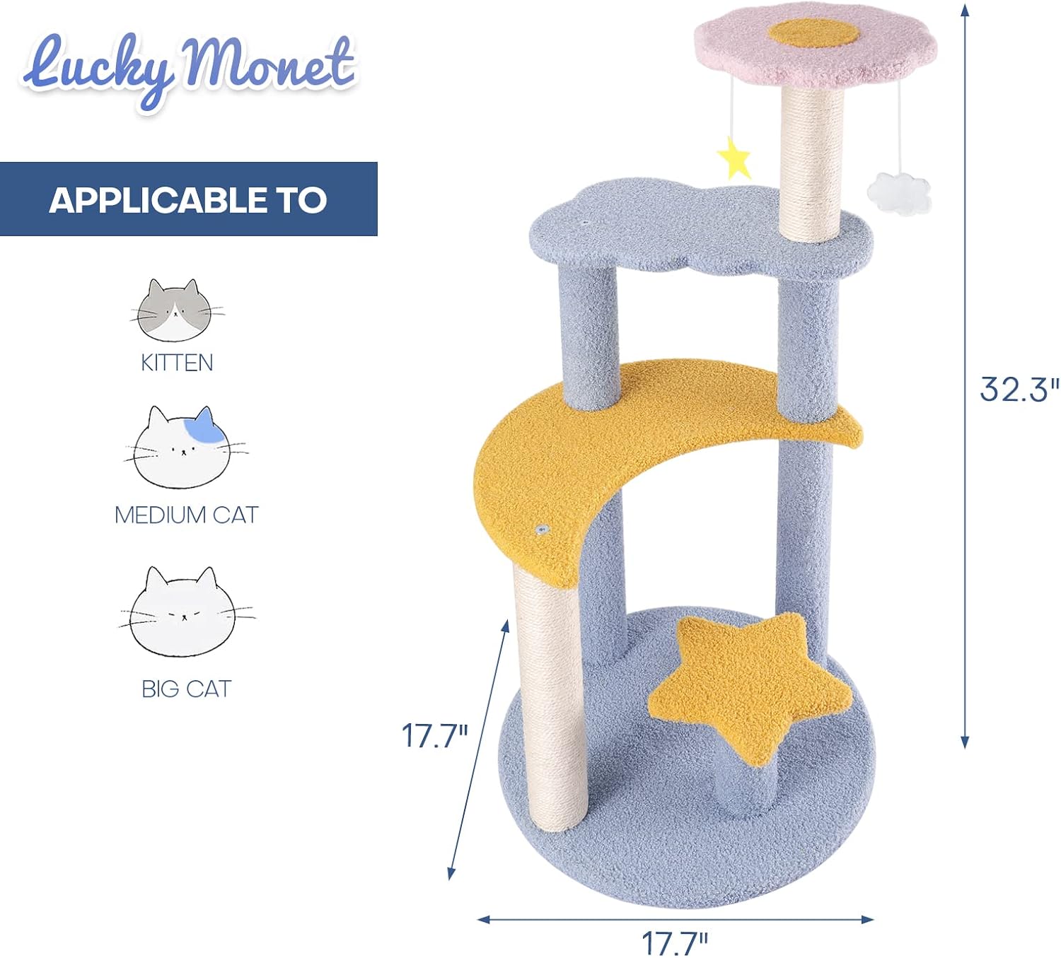 Lucky Monet Blue Cat Tree Small 32 Inches Cute Kitten Tree Tower Moon Star Cat Tree Cat Stand Scratching Posts for Indoor Cats
