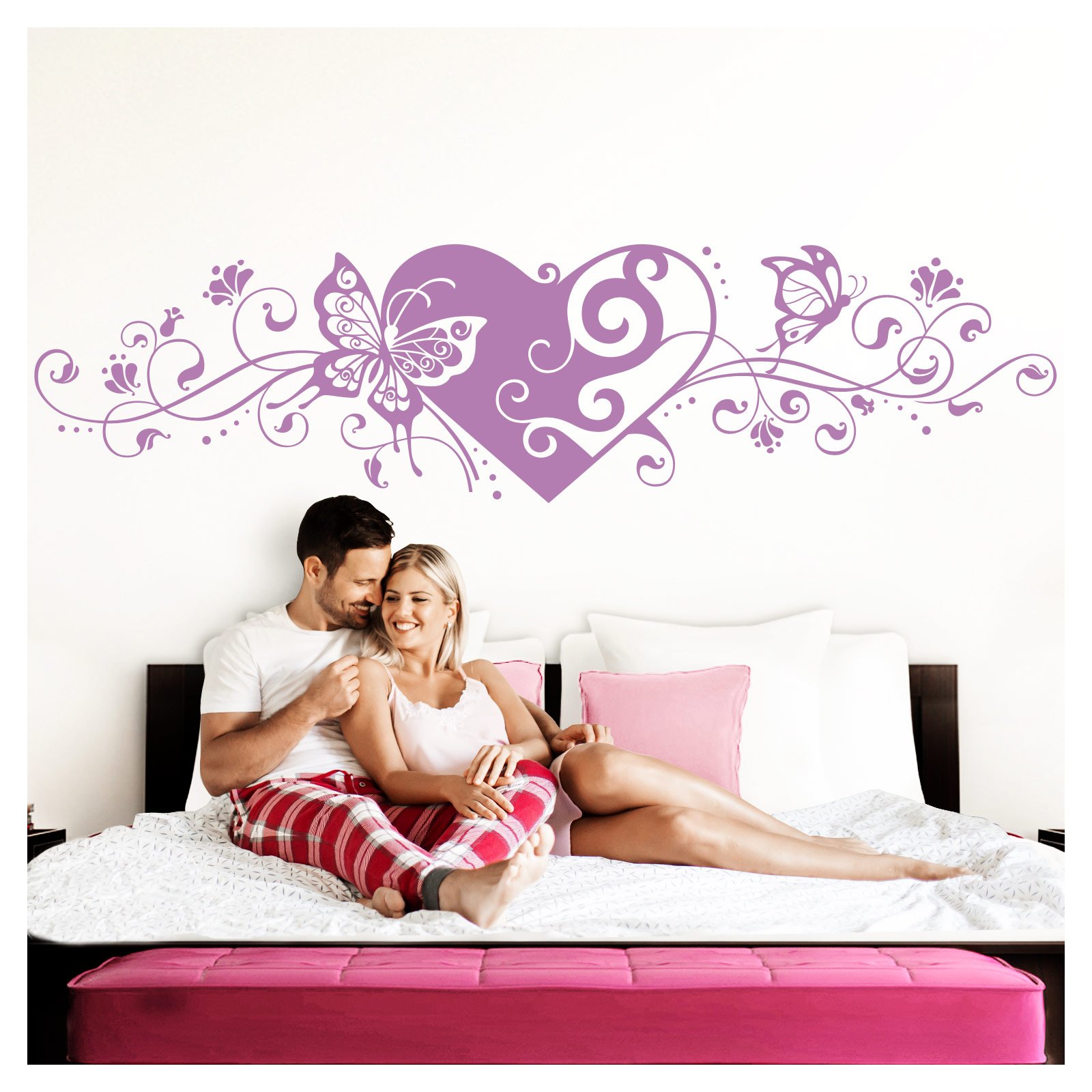 Grandora Pegatina de Pared diseño: Corazón, Flor y Mariposa - W642 - Lila, 150 x 38 cm