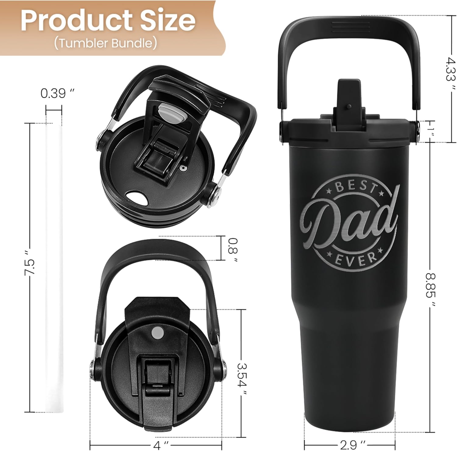 Best Dad Ever Tumbler 30oz, Stainless Steel Insulated Tumblers Travel Cup with Carry Handle & Flip Straw Lid, Gifts for Dad from Daughter Son, Dads Gift for Birthday Christmas Fathers Day - Image 2