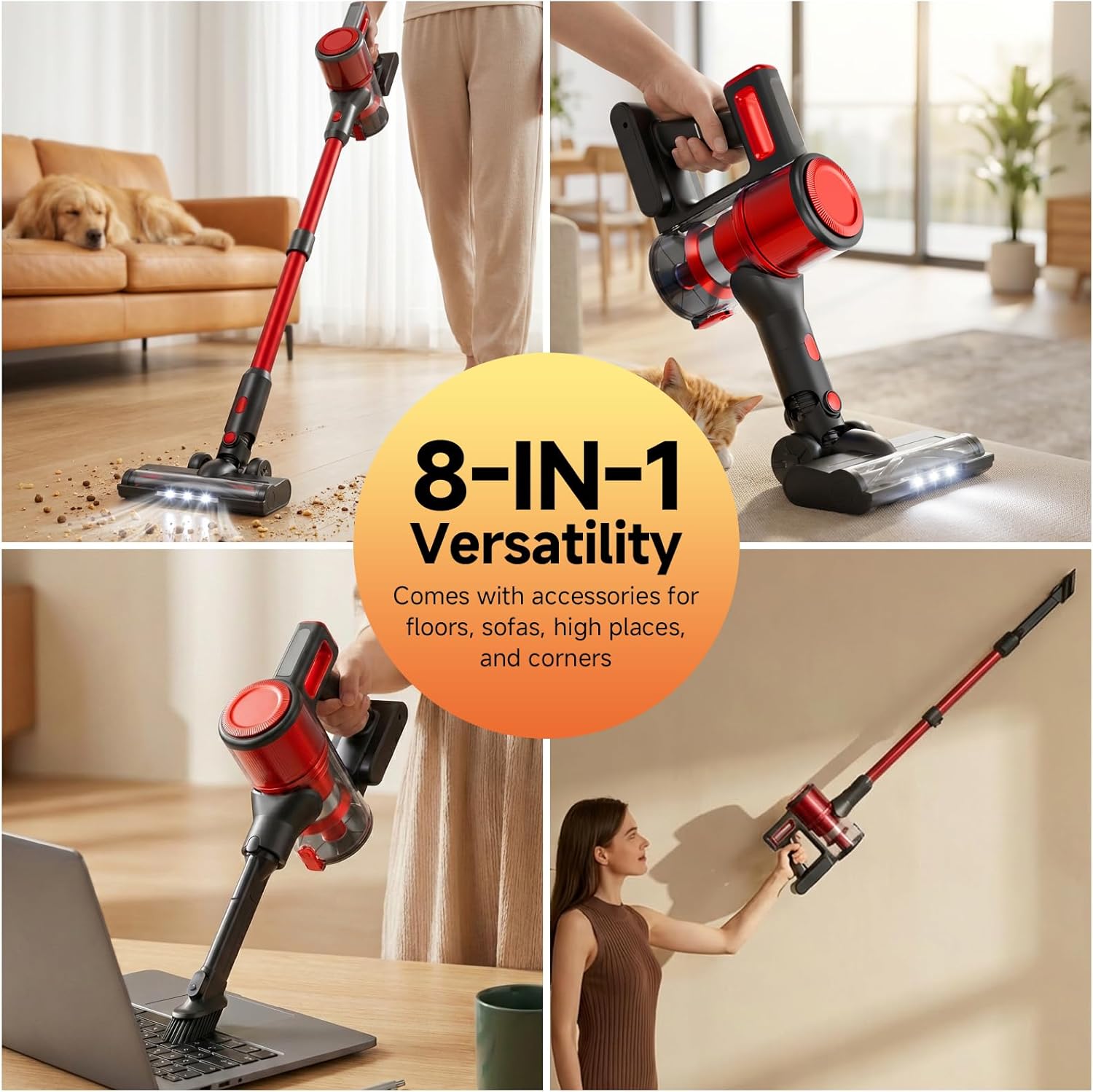 Cordless Vacuum Cleaner for Home - Lightweight, Stick Vacuum Clean with Rechargeable Battery, Max 45Mins Runtime, 8 in 1 Handheld Vacuum for Hardfloor & Carpets Pet Hair, Red&Black
