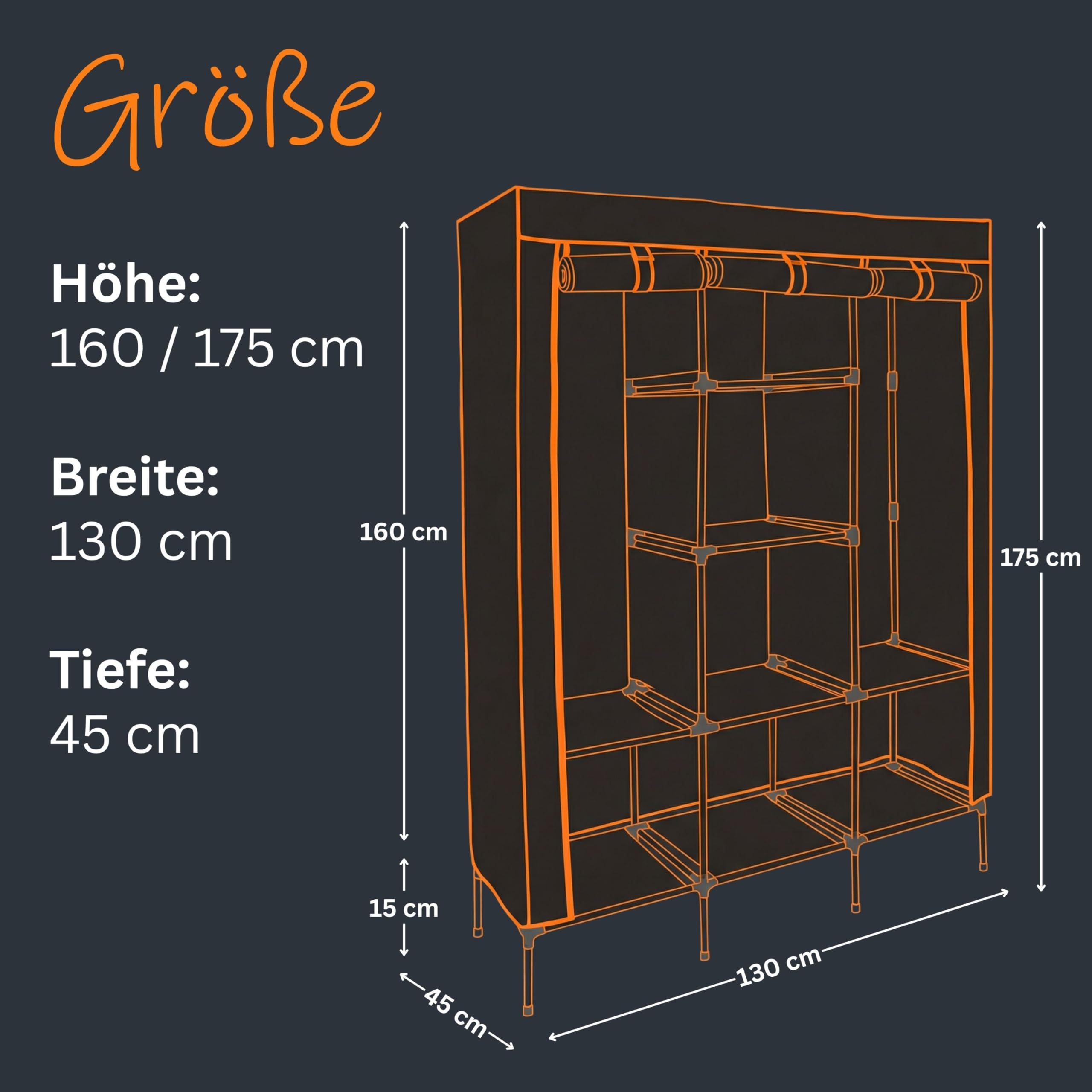 your GEAR Kleiderschrank Grado 130x45x175 cm – Stoffschrank mit 2 Kleiderstangen & 9 Ablagen – Textilschrank XXL Organizer für Schlafzimmer & Kinderzimmer – Faltschrank Garderobe
