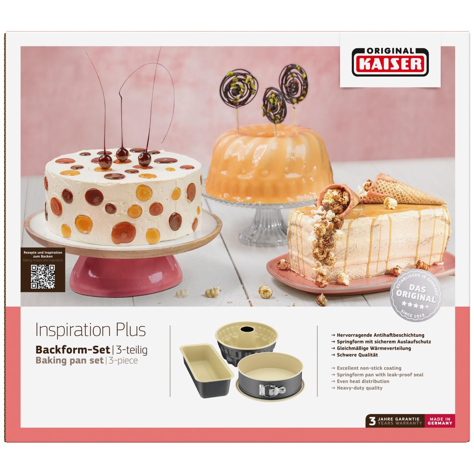 Original Kaiser Inspiration Plus Backformen Set 3 teilig mit Springform rund (Flachboden), Gugelhupf Backform, Kastenform, Kuchenform antihaftbeschichtet, Königskuchenform, auslaufsicher