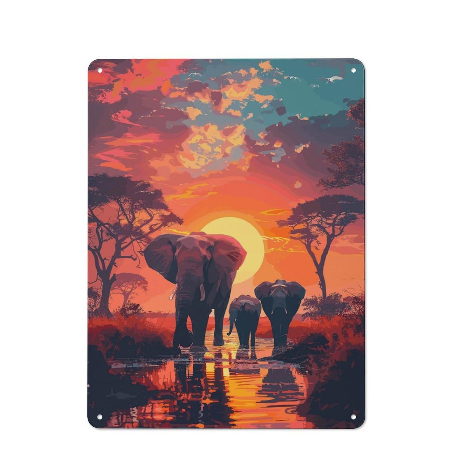 Junmoney Style Tin Wall Plaque 40X30cm With Elephants Savanna Nature For Hallway Wall, A Decorative Metal Sign For Hallways And Entrance Areas