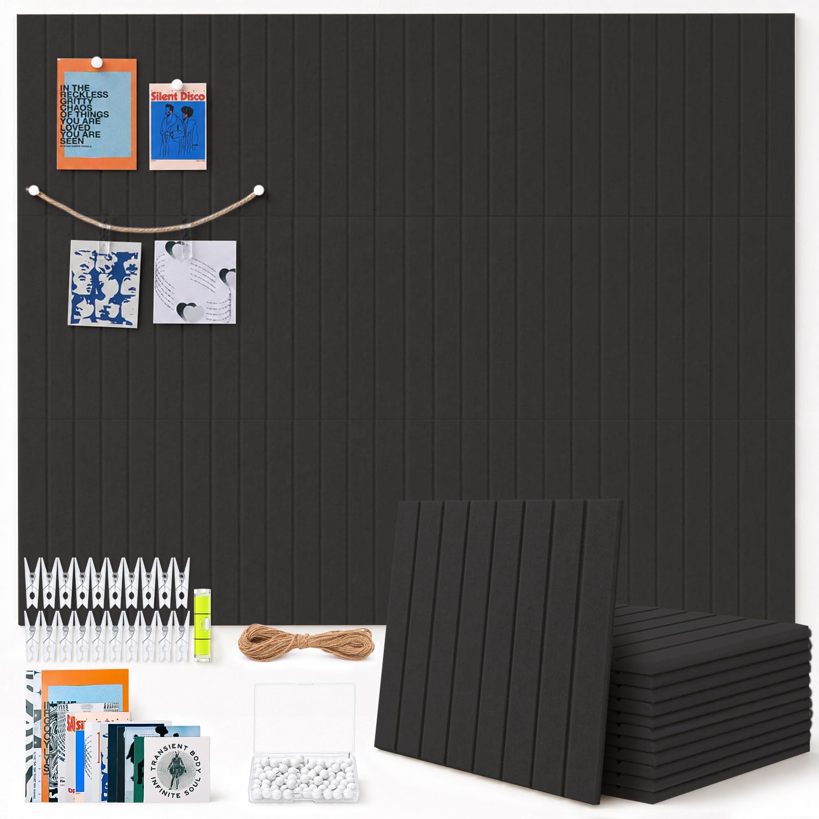 TruuNotion 12 Pcs Felt Pin Board Self Adhesive, 48 x 36 inch Notice Board Tiles 0.9cm Thick Vision Board with 96 Nano Pads, 100 Push Pins, Cork Board Alternative for Office, Kitchen, Home (Black)