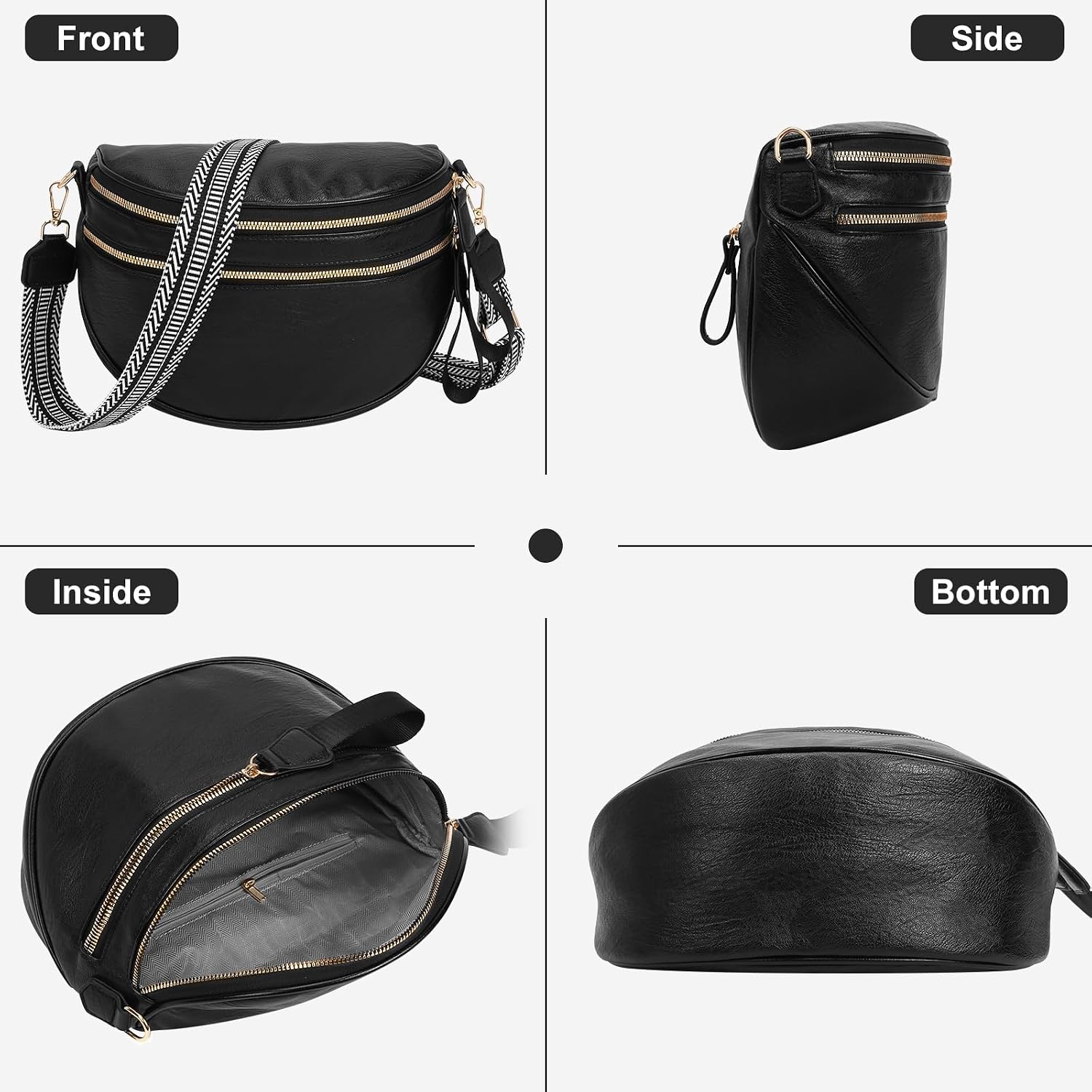 Crossbody Bags for Women PU Leather Bum Bags Large Fanny Pack Trendy Leather Purses with Two Shoulder Straps (Black)