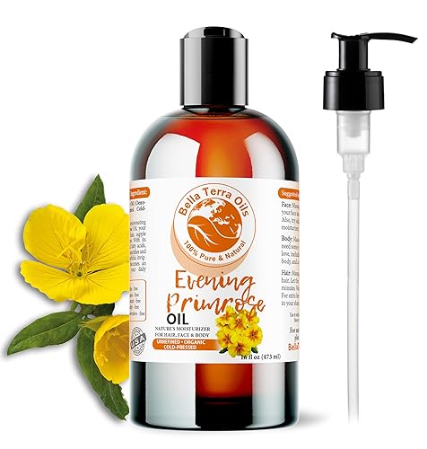 Bella Terra Oils NUEVO Aceite de onagra de noche 16 onzas prensado en frío sin refinar orgánico 100 puro Hidratante natural Rico en GLA Alivia la