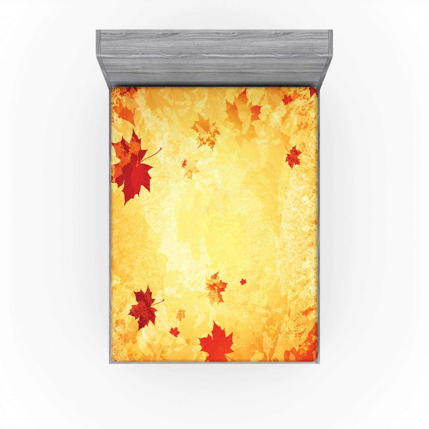 Ambesonne Fall Fitted Sheet, Autumn Themed Abstract Grunge Composition with Maple Leaves Aged Effect, Bed Cover with All-Round Elastic Pocket for Comfort, California King, Vermilion Orange