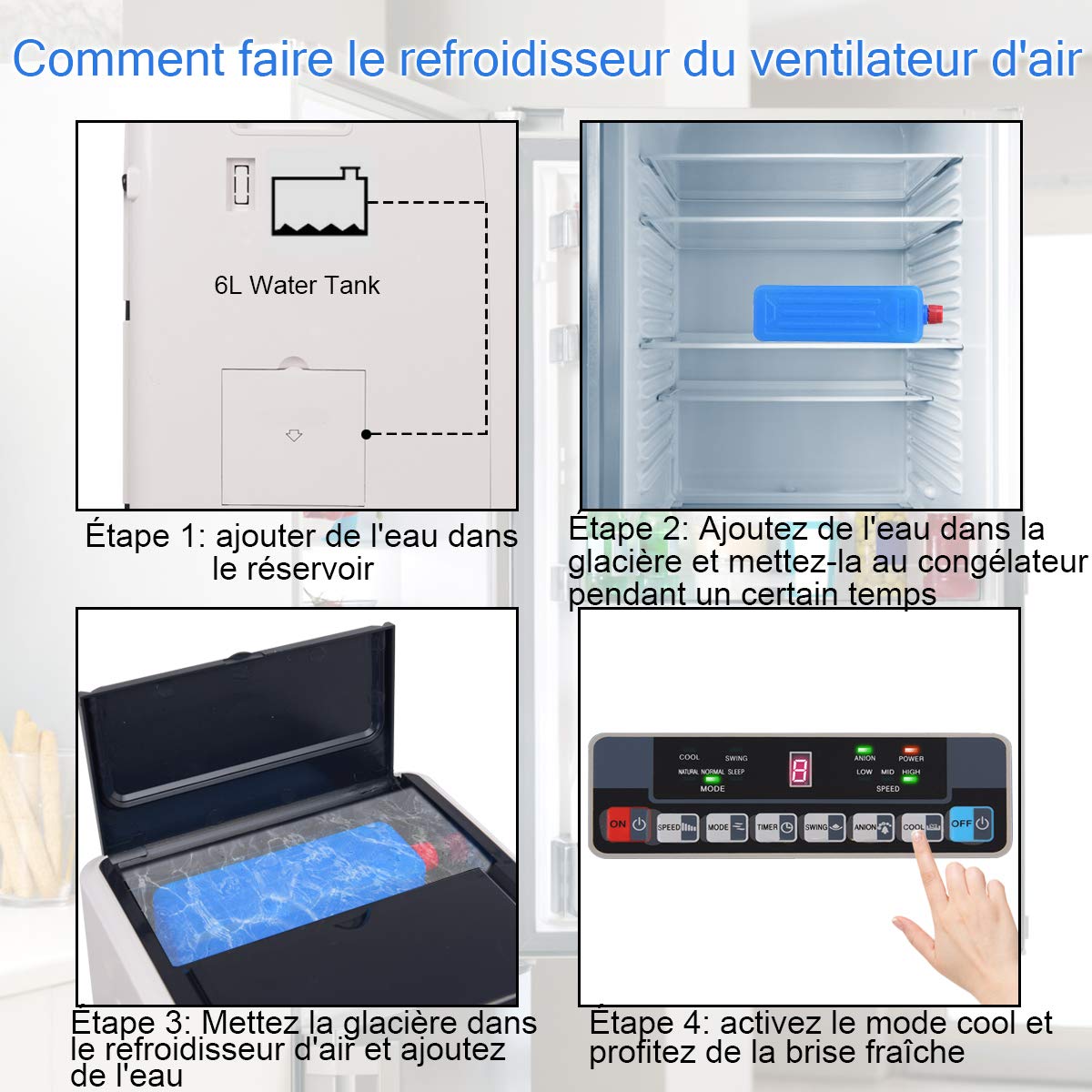 COSTWAY Rafraîchisseur d'Air 4 EN 1, Climatiseur Mobile sans Évacuation 6L, Auto-Oscillation,Refroidissement,Humidificateur,Minuterie 8H,2 Pain de Glace,Mini Climatiseur Faible Conso