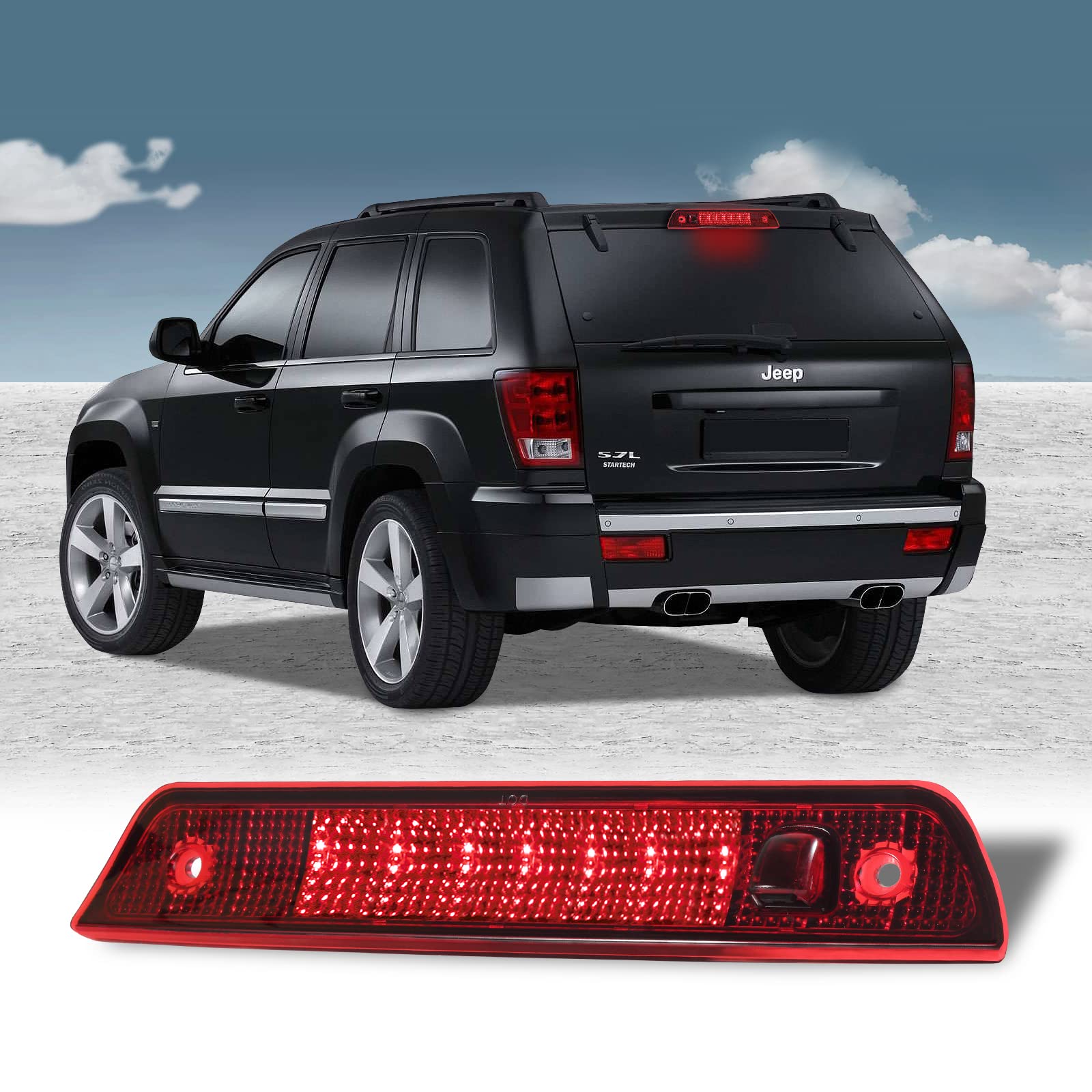 Guoord High Mount 3rd Stop Brake Lights, Compatible with 2005-2010 Jeep Grand Cherokee Third Center Cargo Reverse Rear LED Brake Light Bar Taillight Two Rows (Red)