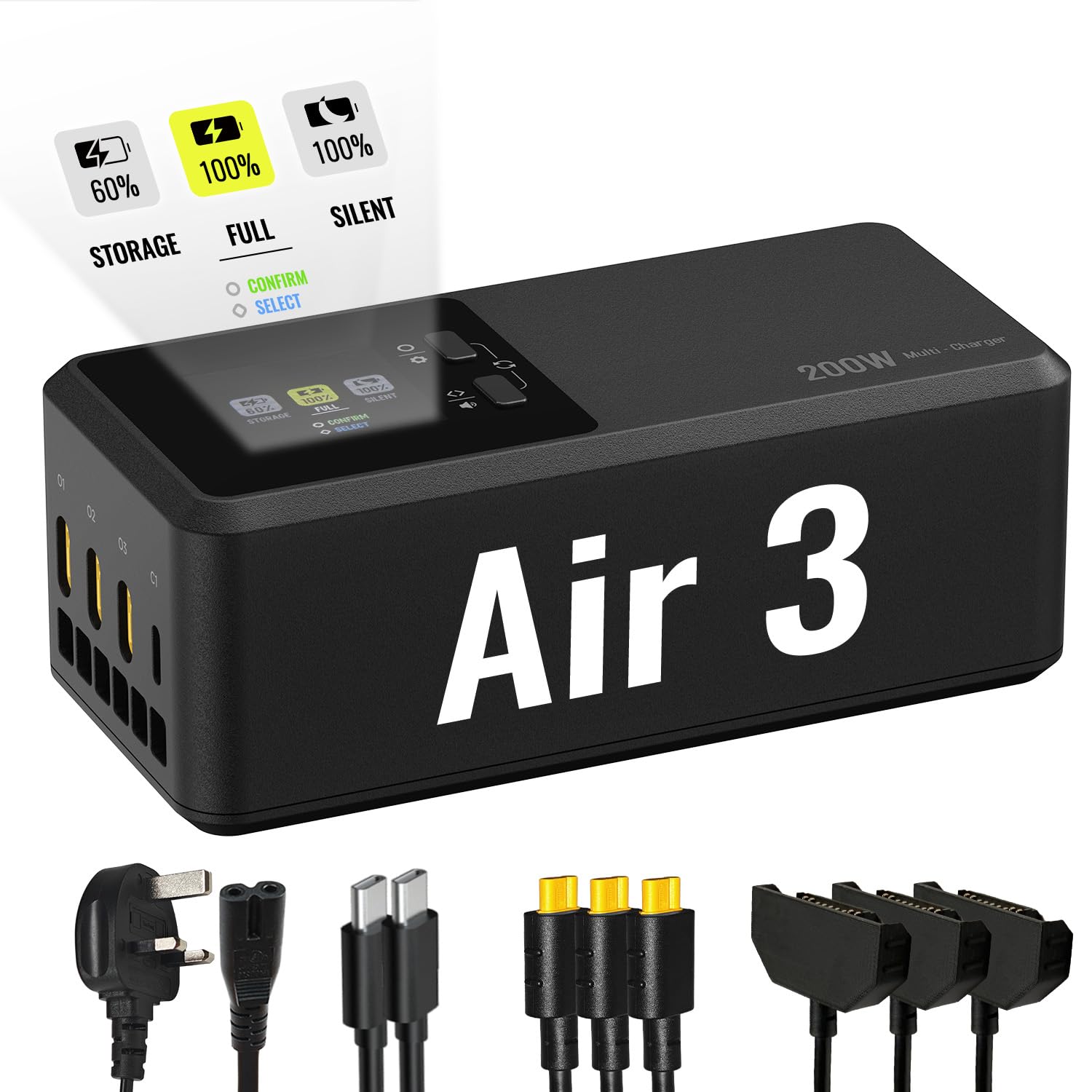 LKTOP 200W Air 3/Air 3S Parallel Charging Hub Fast Battey Charger Kit for DJI/Specta Air3 Series Drone Accessories, 60% Storage/Silent/Output Mode, LCD Screen Display (Charge 3 Batteries: 1hr 10min)