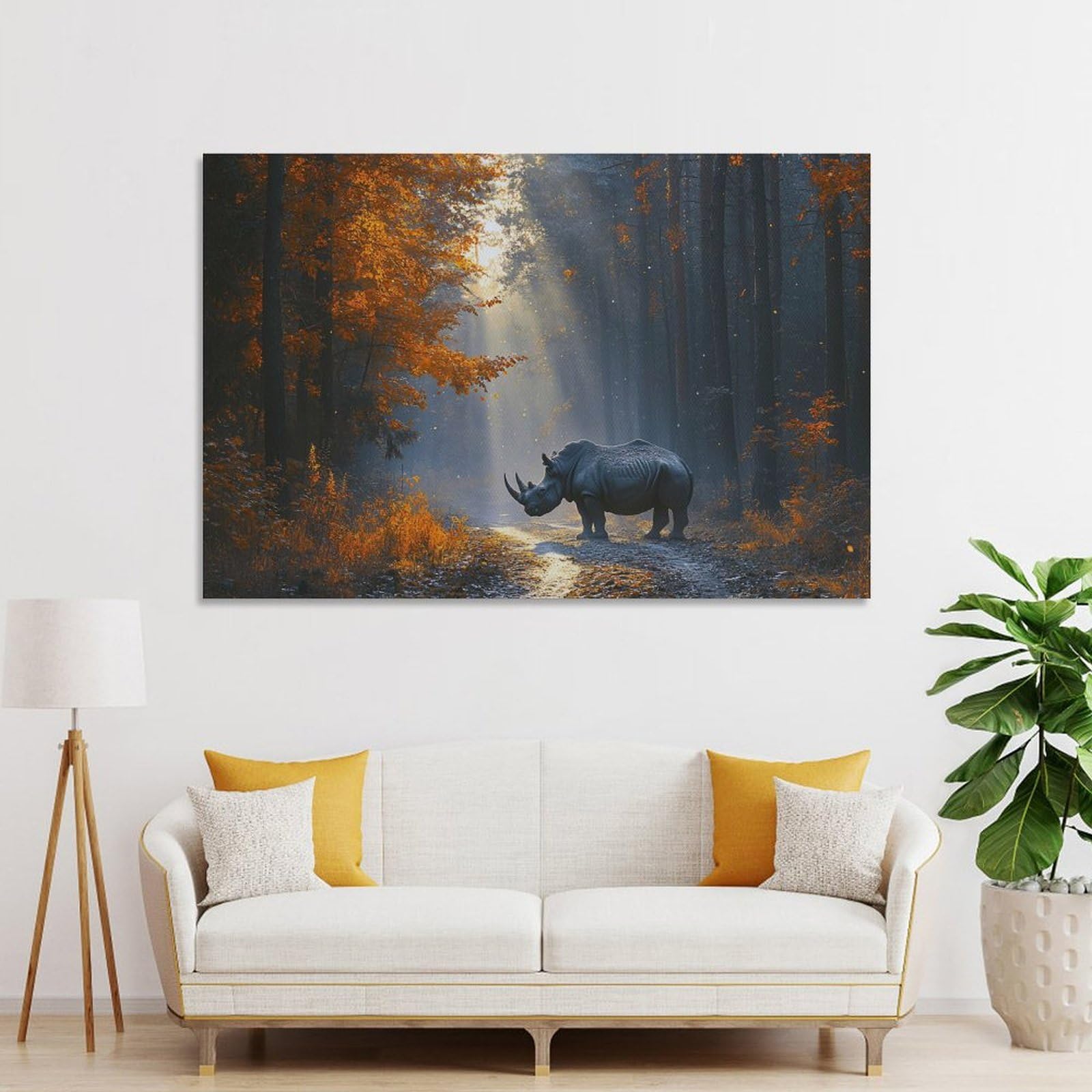 Junmoney Unframe-Style-22 Rhinoceros In Autumn Forest Canvas Art Print 08X12inch(20X30cm), For Apartment Walls, Studios Or Work Areas, An Easy Choice For New Home Styling