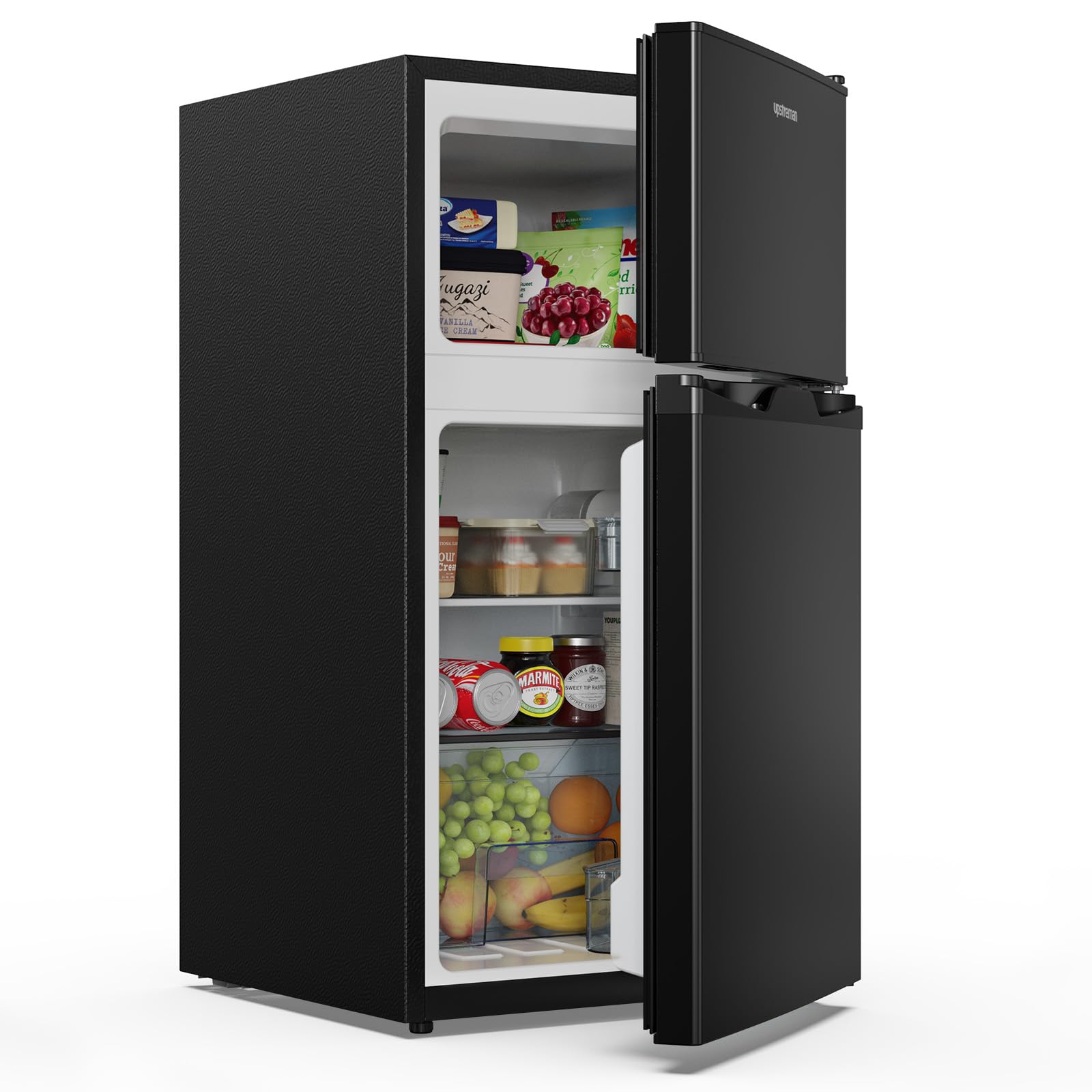 Upstreman 84L Kühl Gefrierkombination, Kühlschrank mit Gefrierfach oben，39dB Leise und LED Beleuchtung，Kleiner Kühlschrank mit 2 Wechselbare Tür, TM84 Schwarz
