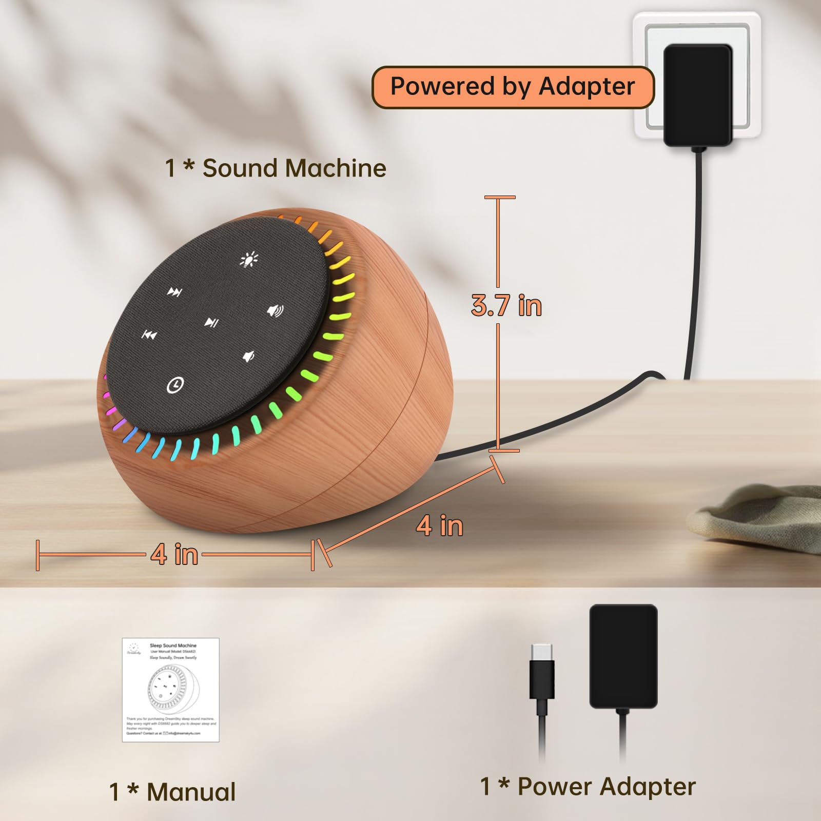 DreamSky - White Noise Sleep Sound Machine, 26 beruhigende Geräusche und 30 Stufen Lautstärke, RGB Nachtlicht Dimmer, Braunes Rauschen für schlafende Erwachsene, Baby, Kinder, Timer