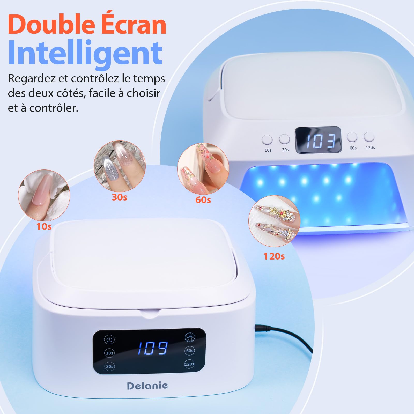 Delanie Lampe à Ongles UV LED pour Vernis Gel avec Double Écran et 71 Perles Lumineuses, Lampe LED Professionnelle pour Ongles avec 4 Réglages de Minuterie, Capteur Automatique et Base Amovible