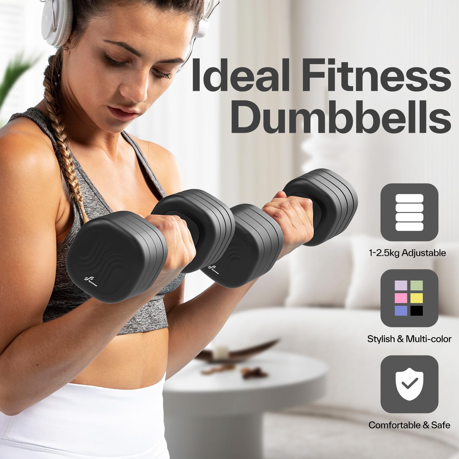Sportneer Verstellbare Hanteln Frauen Set – Kurzhanteln 2er Set (je 1–2,5 kg Gewichte) mit rutschfestem TPU-Griff, 4-in-1 Hanteln Set für Fitnessgeräte für Zuhause, Home Gym & Krafttraining