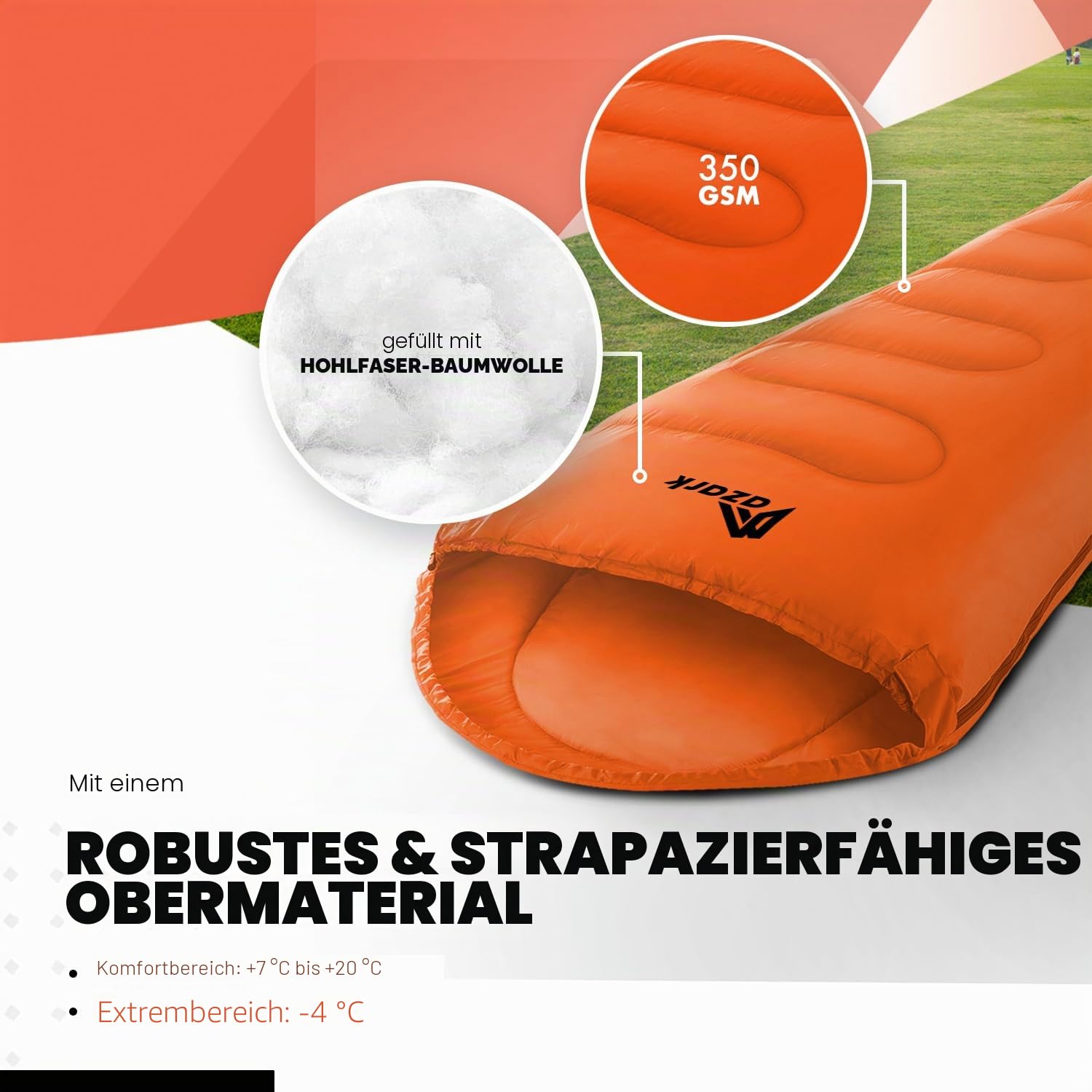 azark Premium-Schlafsack, 350 g/m², leicht und wasserdicht, 4 Jahreszeiten für Camping, Wandern und Outdoor, Schlafsack für Erwachsene und Kinder (Orange) Sport & Freizeit