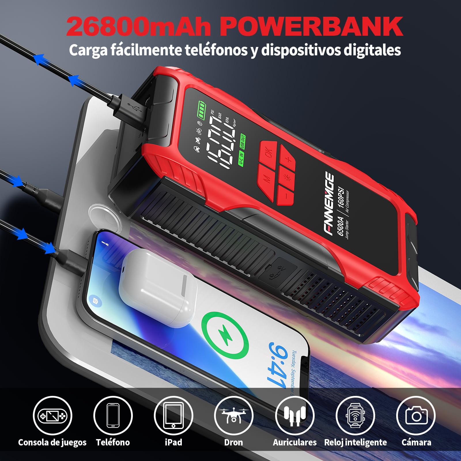 FNNEMGE Arrancador de Coches 6500A 26800mAh con 160PSI Compresor de Aire, Arrancador Batería Coche (para Todos los vehículos de Gasolina o de 10,0L de diésel), con Salida USB, 2 Luz LED, Pantalla HD.