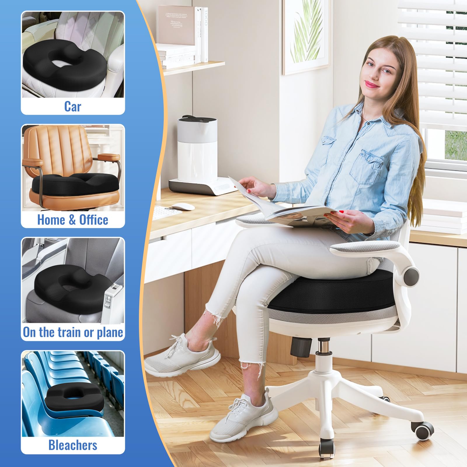 CloudBliss Cuscino da seduta a ciambella, per sollievo dal dolore al coccige ed emorroidi, in memory foam, per sedia postpartum, gravidanza, per uomini e donne, per casa e ufficio, (nero) XL