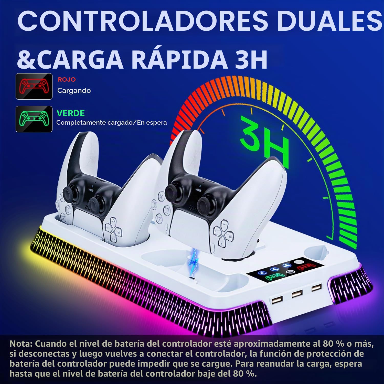Soporte para PS5 / Slim / PS5 Pro, estación de RGB de refrigeración con Carga de Doble Mando, Ventilador de refrigeración de 3 velocidades con Auriculares y 3 Puertos USB - Blanco