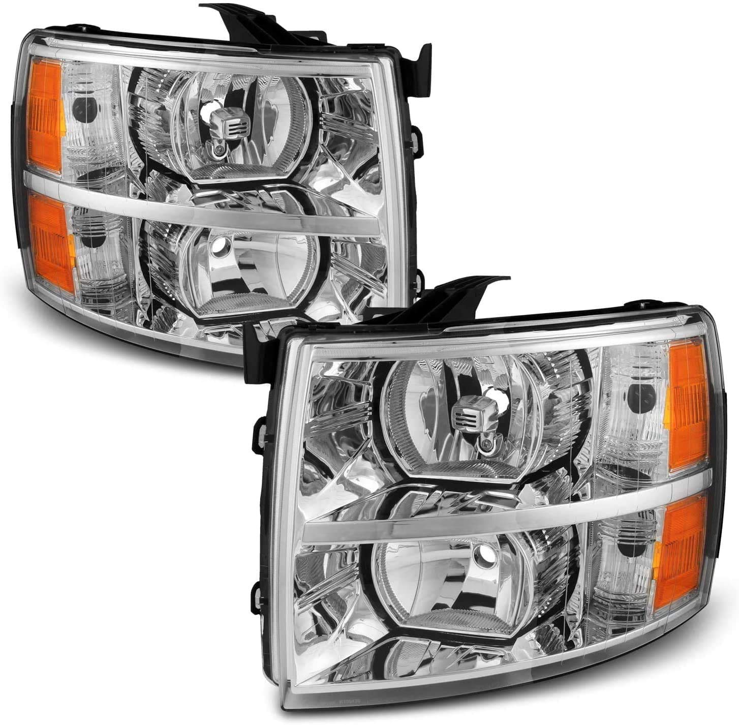 Headlights Assembly for 2007 2008 2009 2010 2011 2012 2013 Chevy Silverado 1500, 07-14 Silverado 2500HD 3500H DHeadlight, 07 Silverado New Body Style Headlights Headlamp, Chrome Housing Amber Corner
